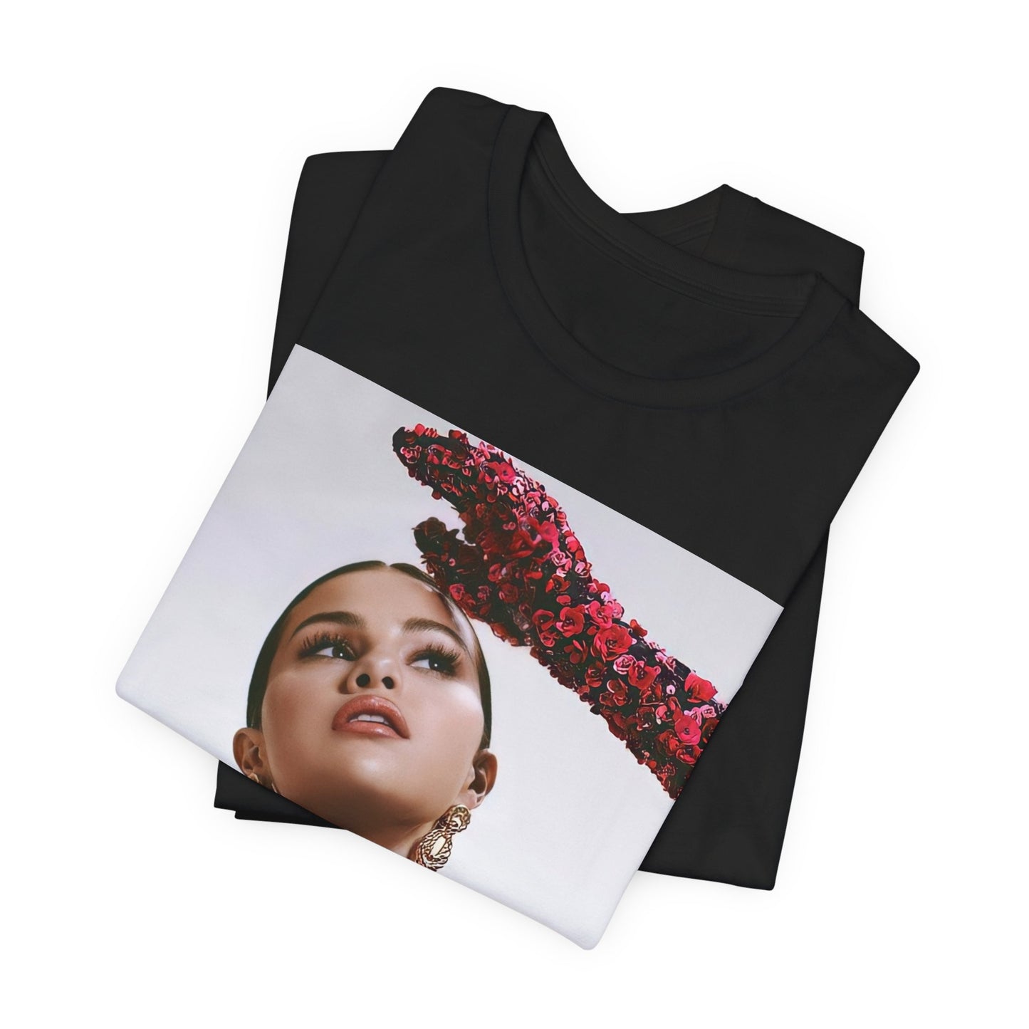 A black graphic t-shirt featuring a classic aesthetic graphic of Selena Gomez.