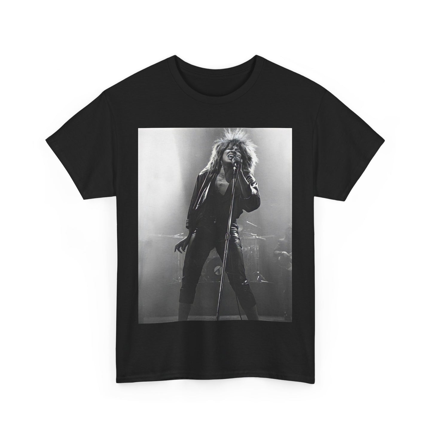 A black graphic t-shirt featuring a graphic of Tina Turner performing "Proud Mary" live.