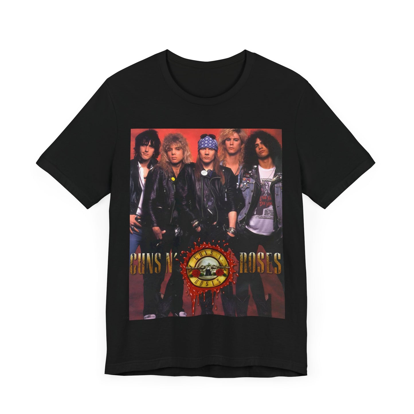 A black graphic t-shirt featuring a vintage graphic related to Guns N' Roses' 'Appetite for Destruction' album era.