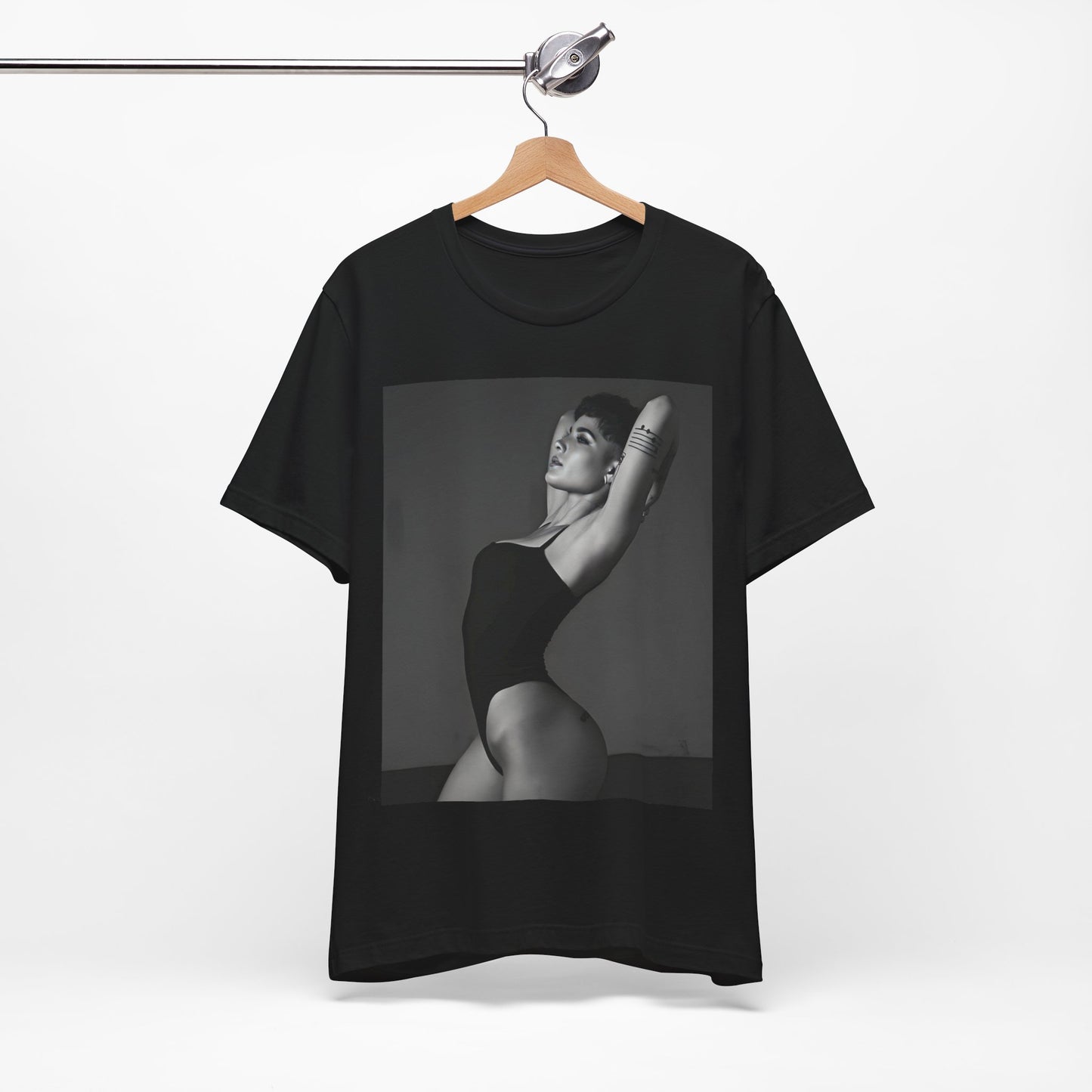 A black graphic t-shirt featuring a black and white, monochrome graphic or photo of Halsey.