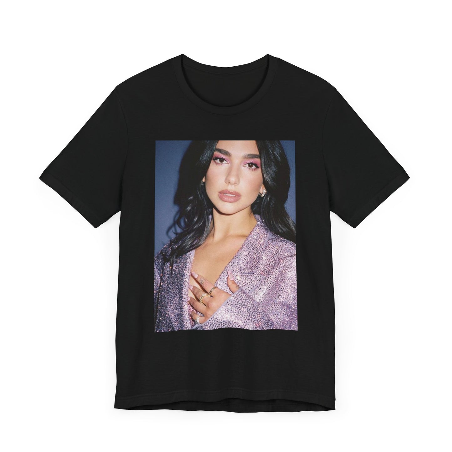 A black graphic t-shirt featuring a retro photo of Dua Lipa as a dance floor queen.