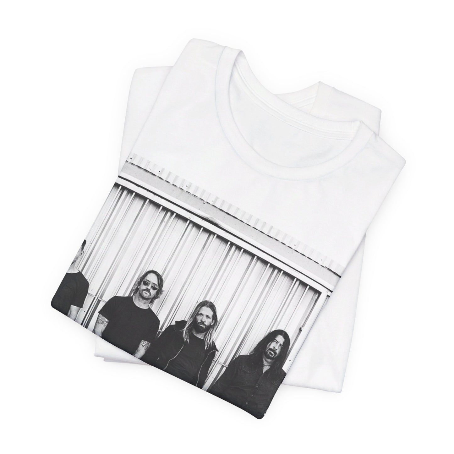 A black graphic t-shirt featuring a photo portrait of the band Foo Fighters.