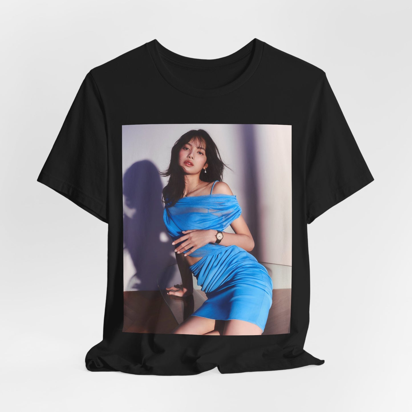 A black graphic t-shirt featuring a bold K-Pop superstar graphic of Lisa.