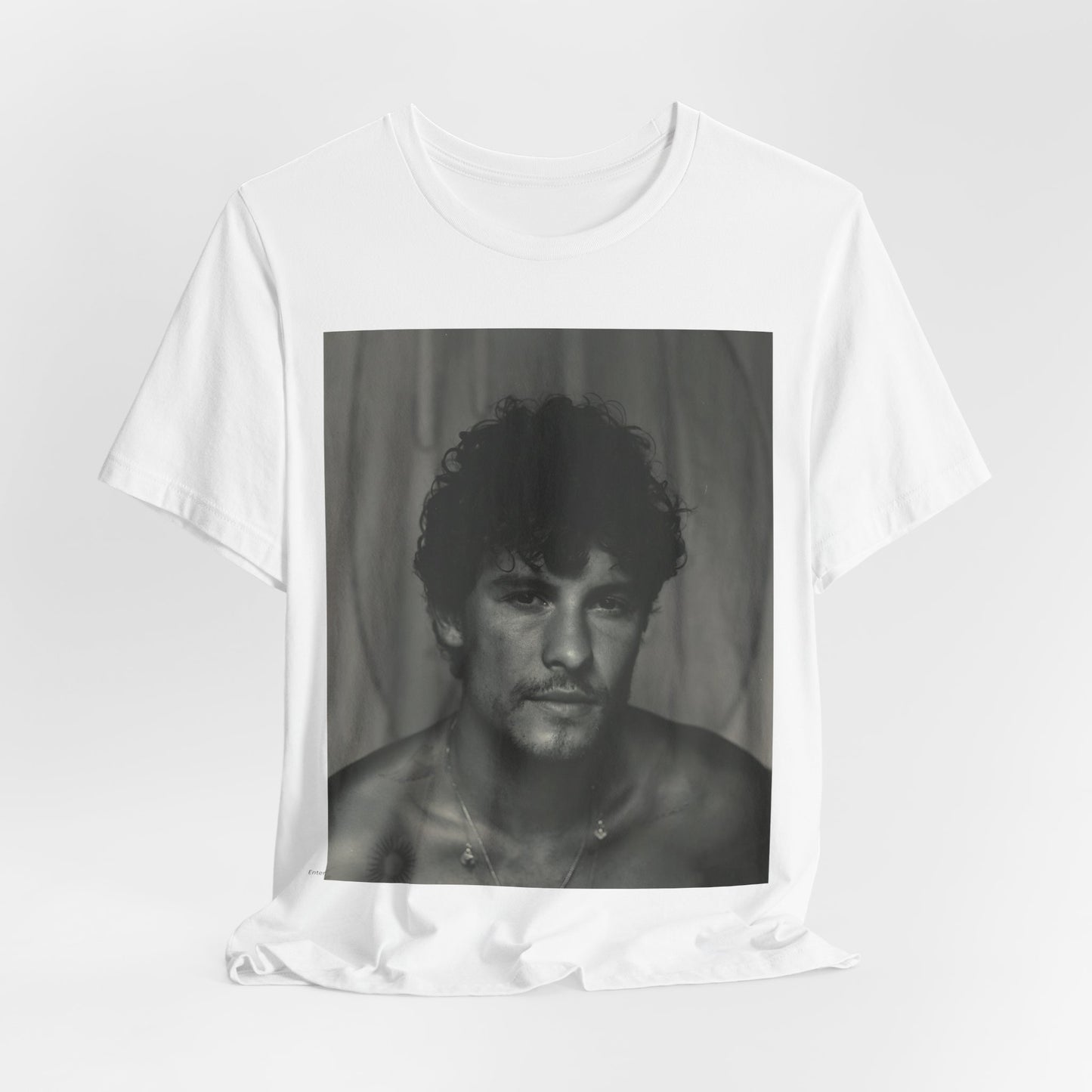 A black graphic t-shirt featuring a fearless portrait graphic of Shawn Mendes.