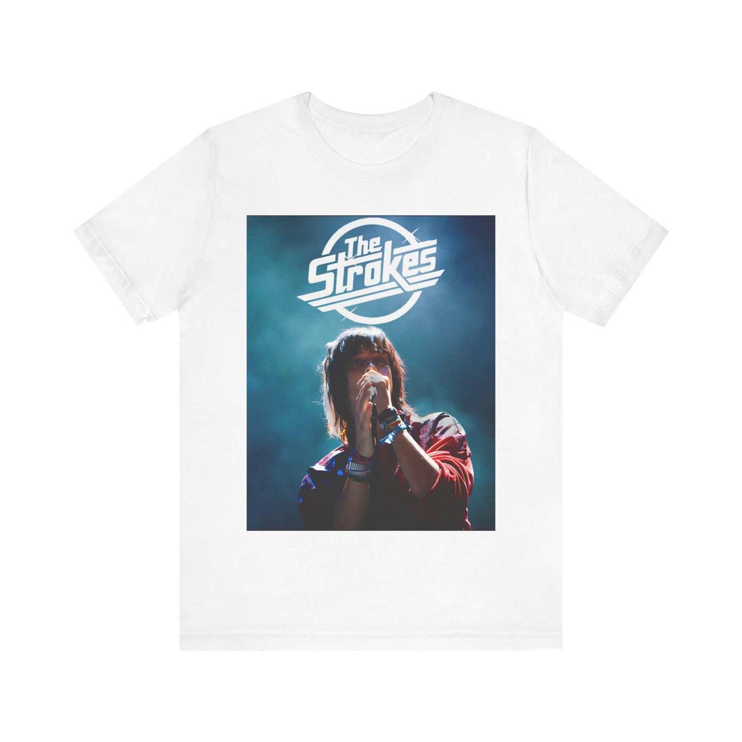 A black graphic t-shirt featuring a portrait or graphic of Julian Casablancas from The Strokes.