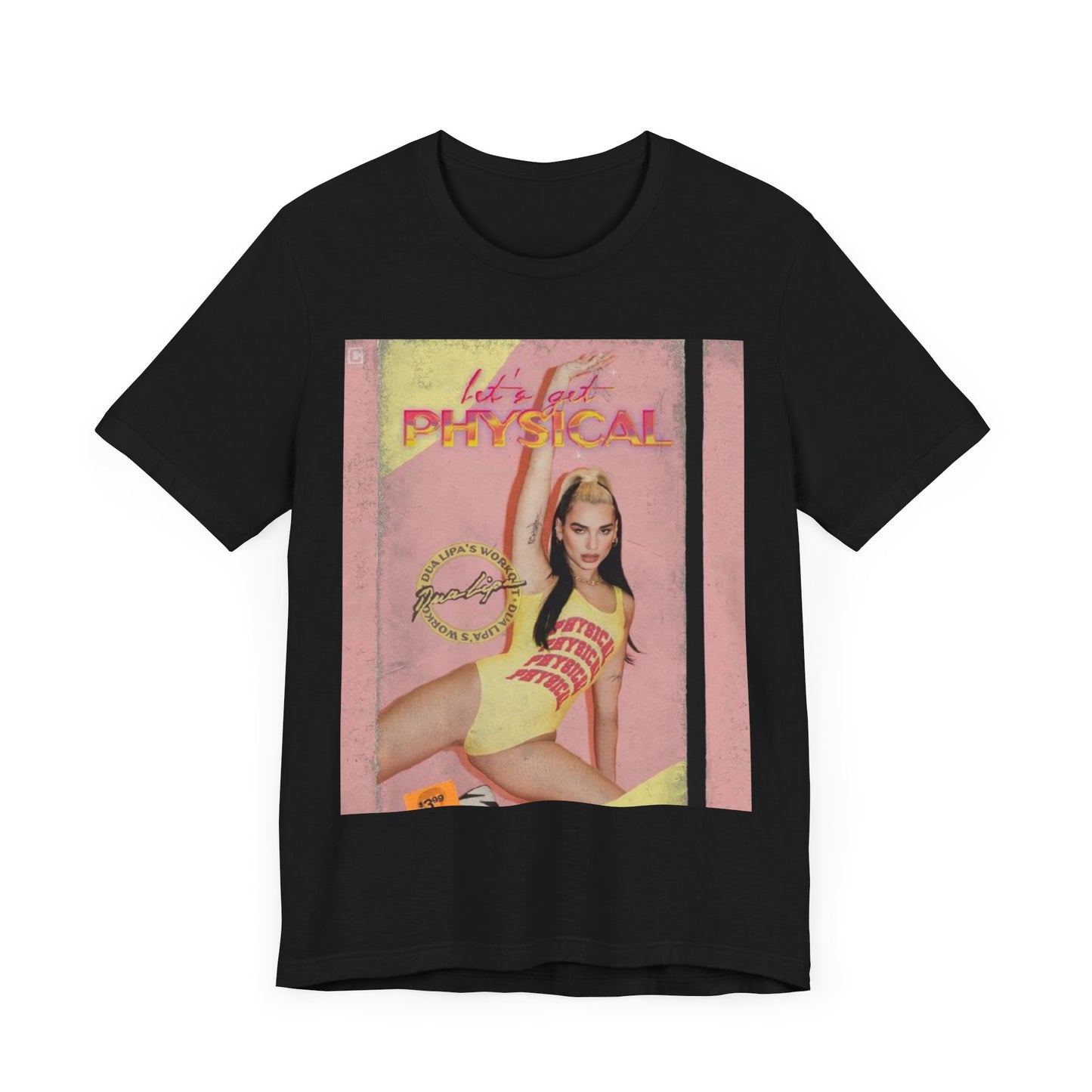 A black graphic t-shirt featuring a vintage graphic inspired by Dua Lipa's "Physical" song.