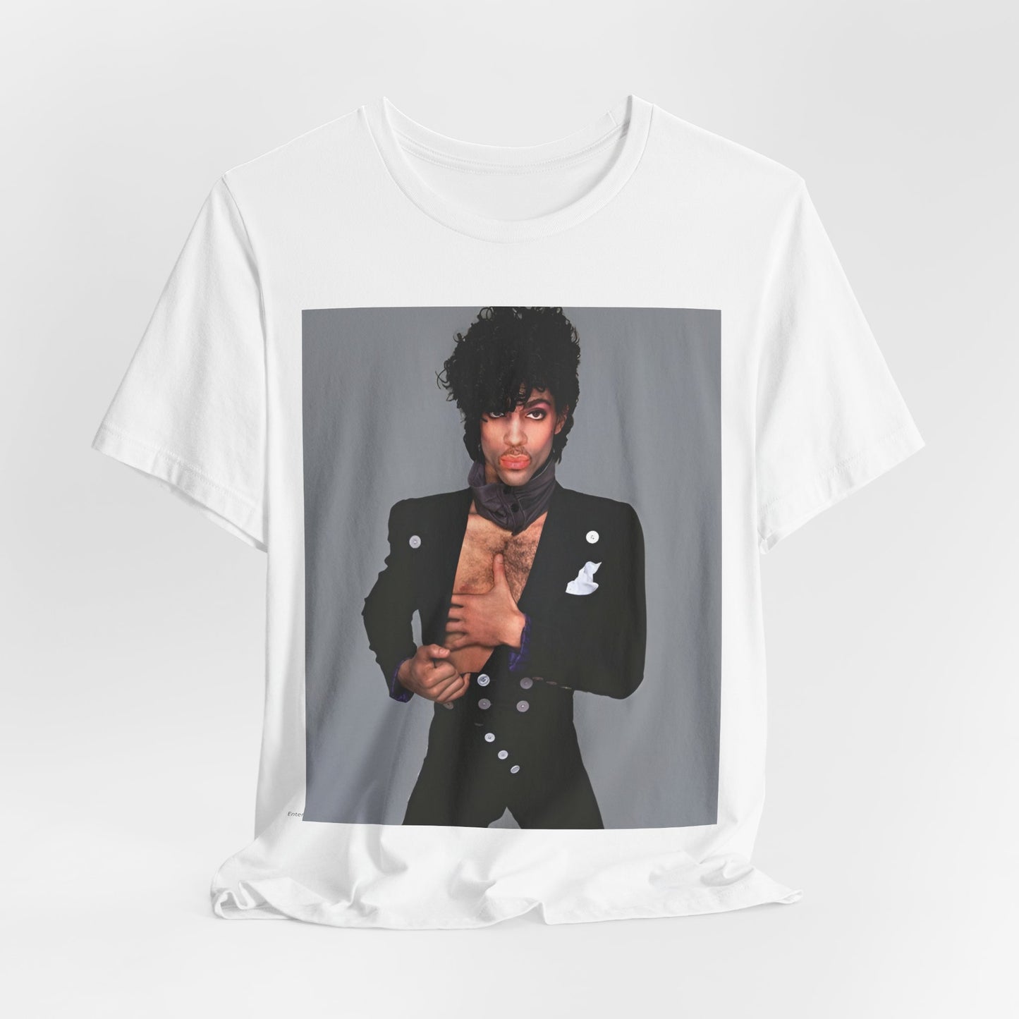 A black graphic t-shirt featuring a 90s vintage funk pop icon graphic of Prince.