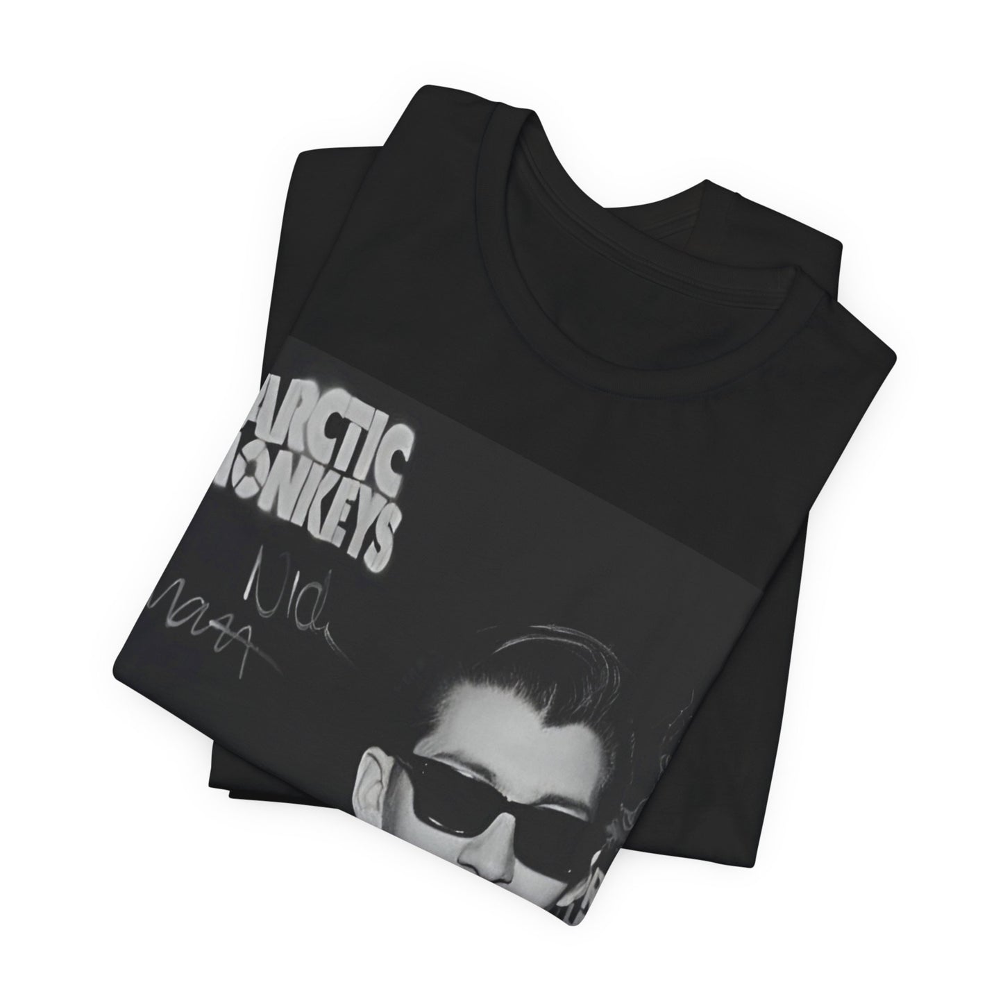 A black graphic t-shirt featuring a black and white portrait photo of Alex Turner from Arctic Monkeys, showing his signature look.