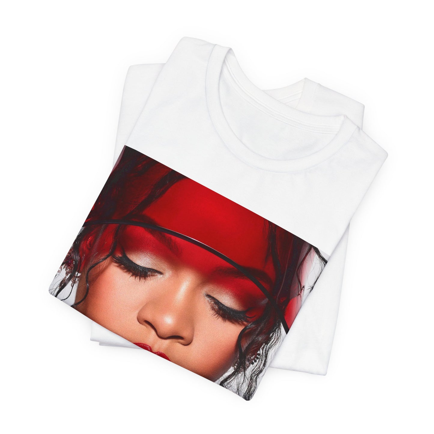 A black graphic t-shirt featuring a casual pop fan graphic of Rihanna.