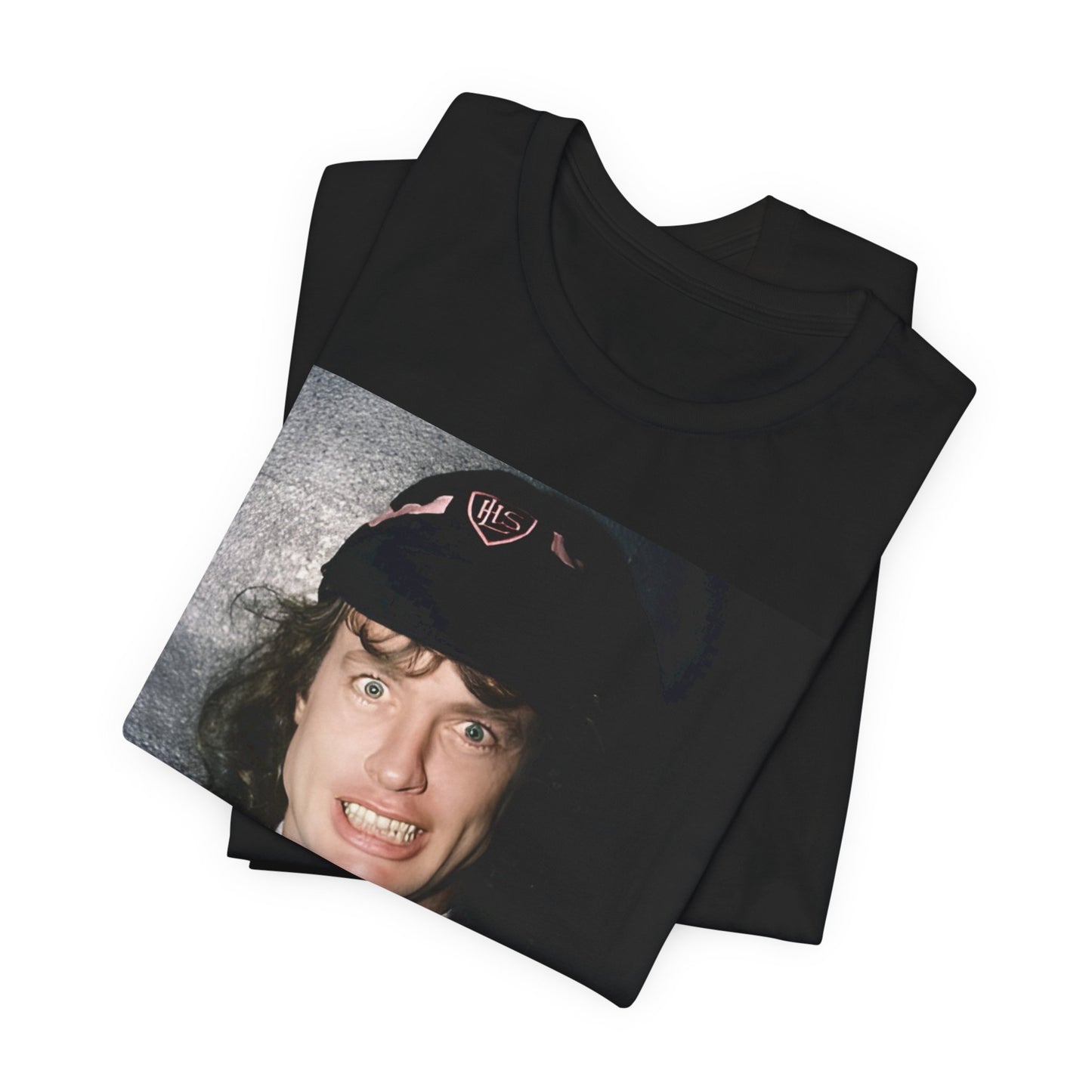 A black vintage-style graphic t-shirt featuring a stylized image of AC/DC's Angus Young playing guitar, with a distressed or retro aesthetic.