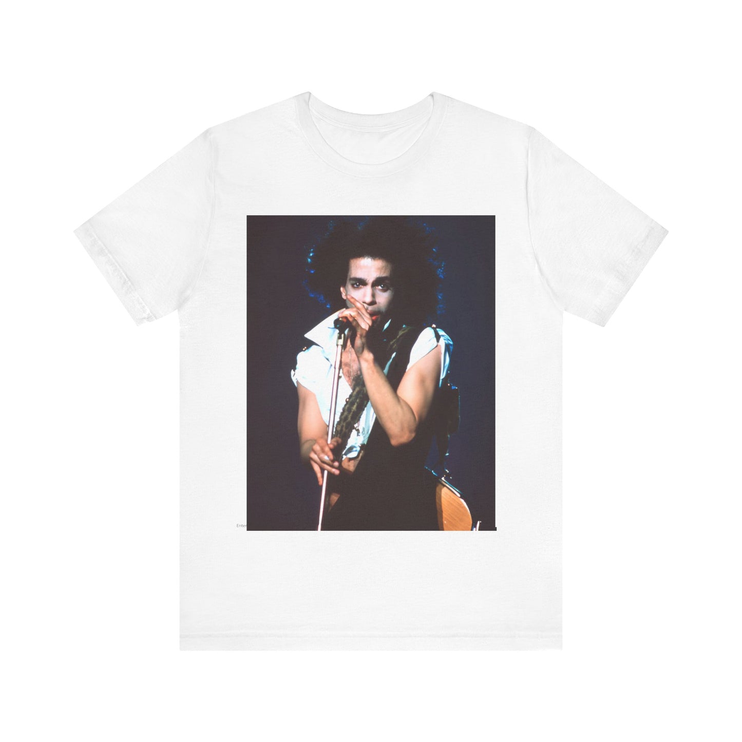 A black graphic t-shirt featuring a 90s live performance graphic of Prince.