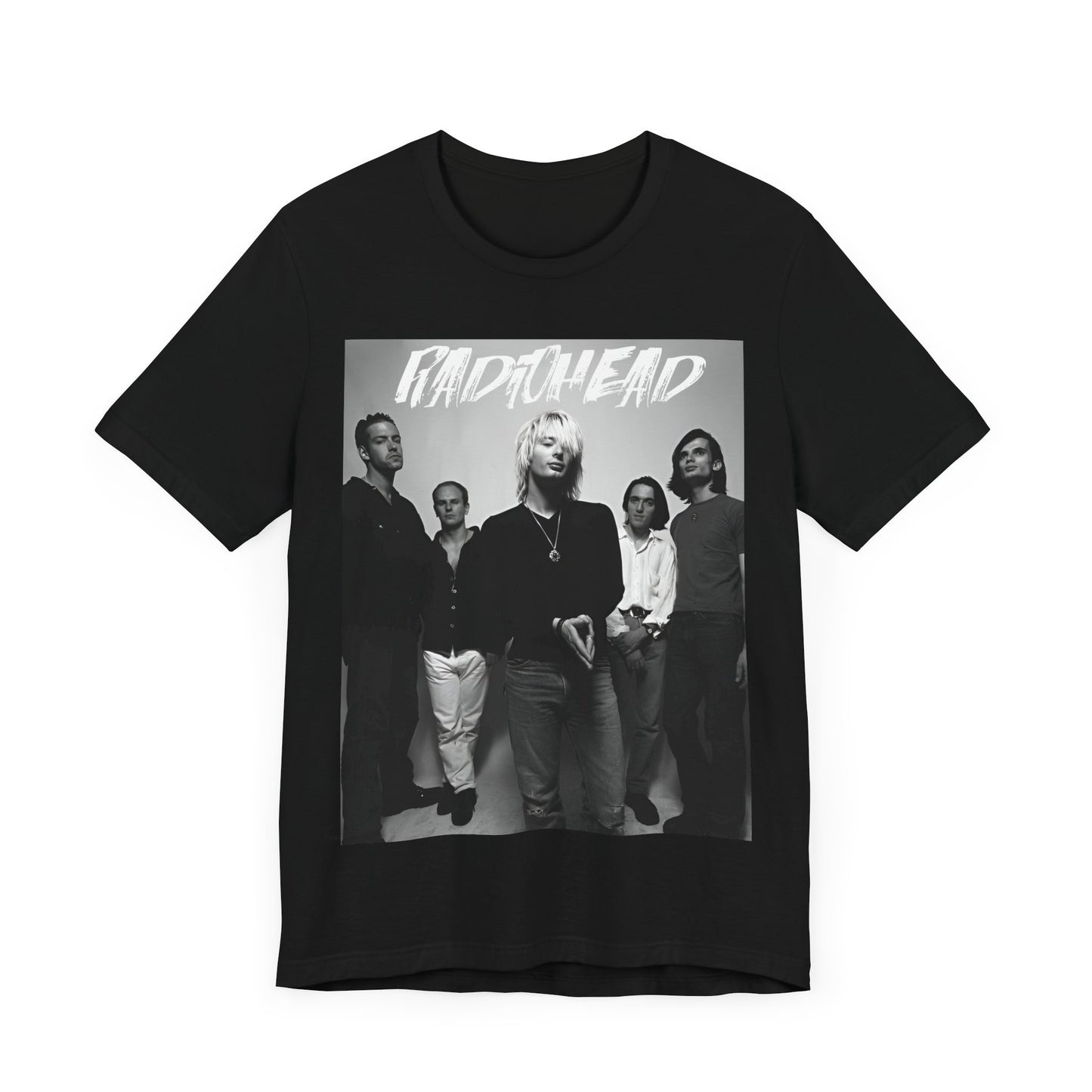 A black graphic t-shirt featuring a retro graphic related to Radiohead's 'OK Computer' album era.