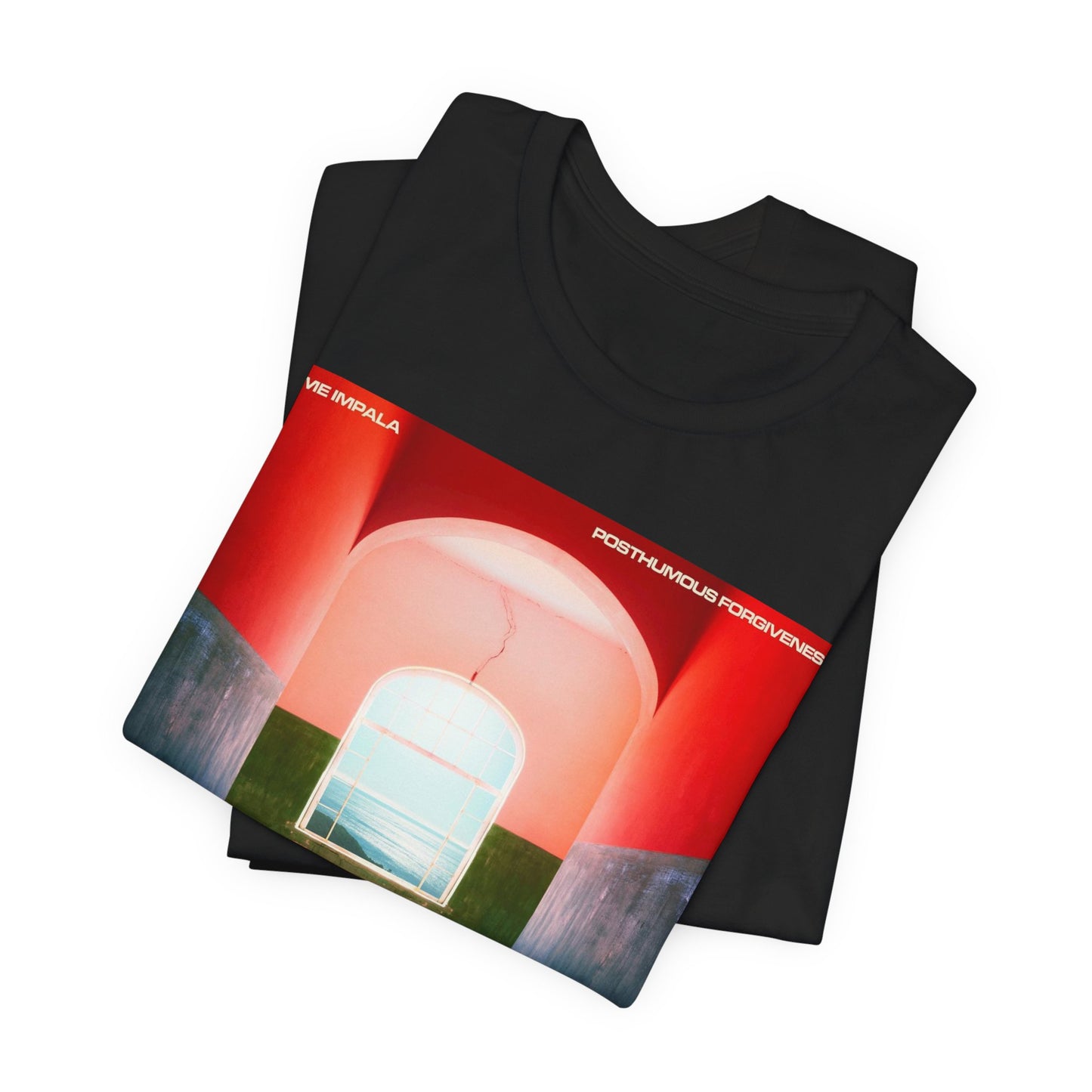 A black graphic t-shirt featuring a graphic related to Tame Impala's song 'Posthumous Forgiveness'.