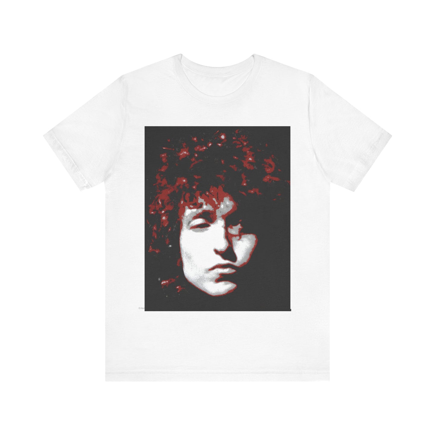A black graphic t-shirt featuring a graphic related to Bob Dylan's 'Blood on the Tracks' album era, possibly with album art elements.