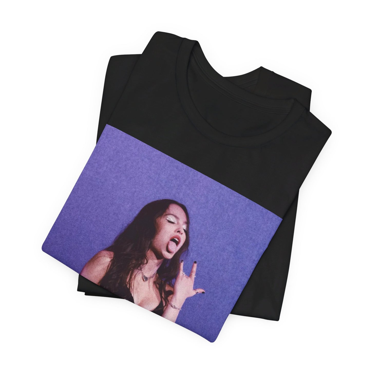A black graphic t-shirt featuring a vintage alt pop graphic of Olivia Rodrigo.