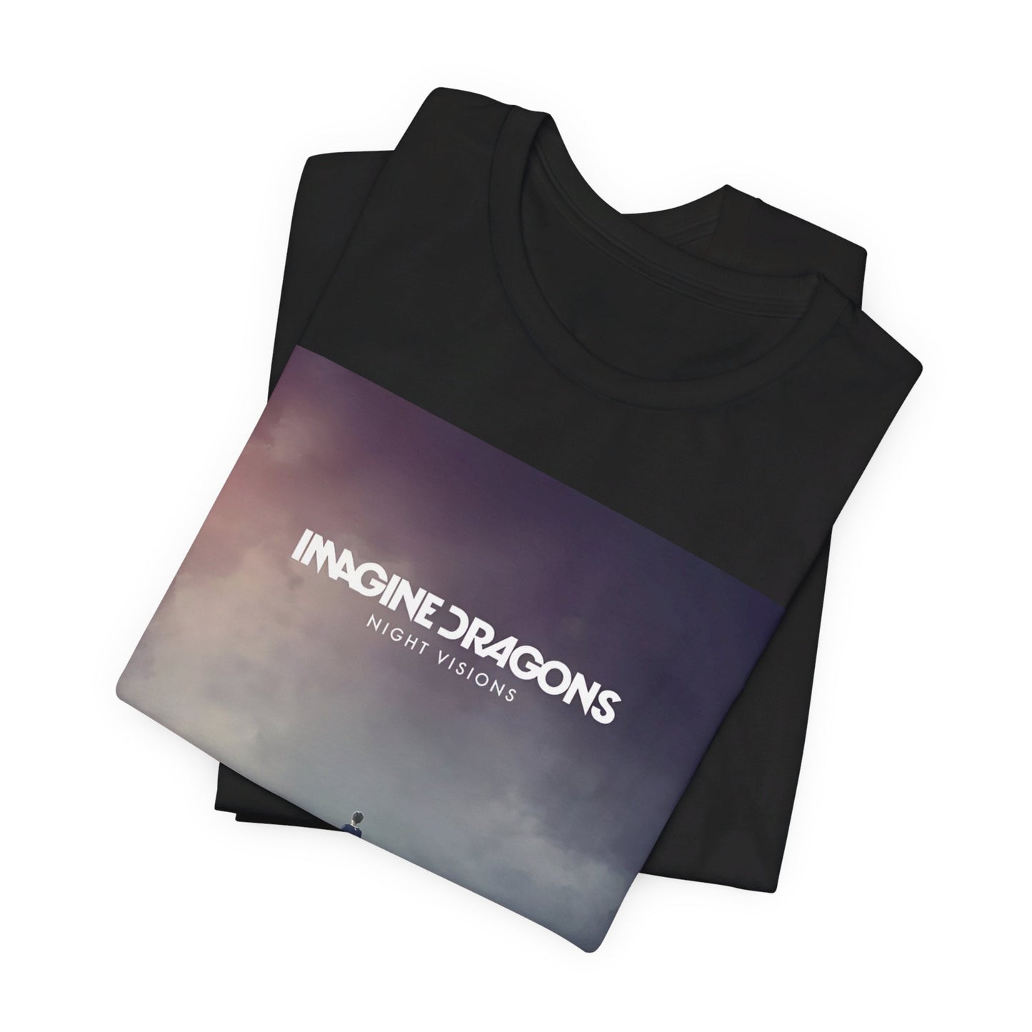A black graphic t-shirt featuring a graphic related to Imagine Dragons' 'Night Visions' album.
