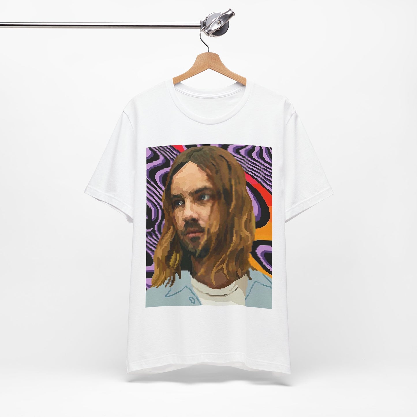 A black graphic t-shirt featuring a vintage graphic of Tame Impala with mind-bending visuals.