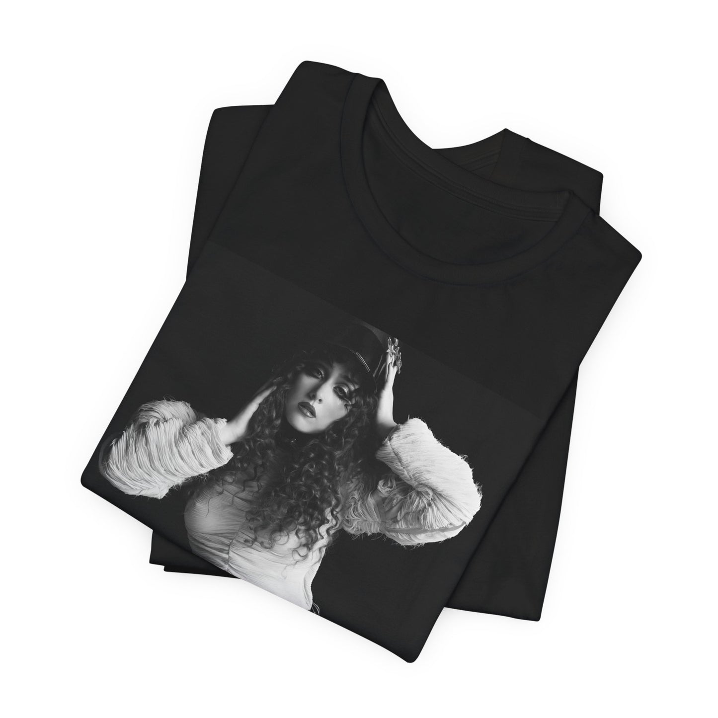 A black graphic t-shirt featuring a black and white, monochrome graphic or portrait of Chappell Roan.