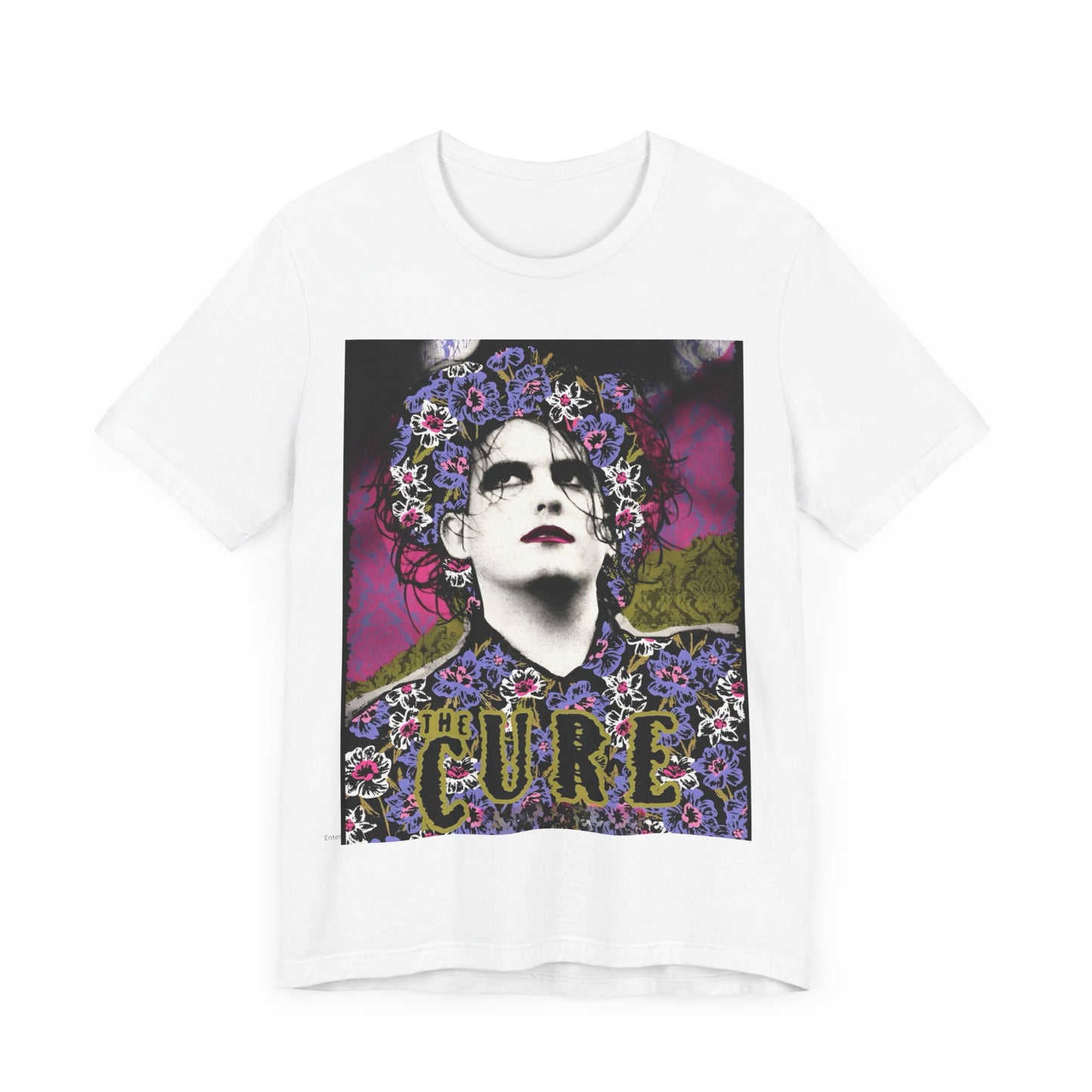 A black graphic t-shirt featuring a retro rock aesthetic pop art graphic of The Cure.