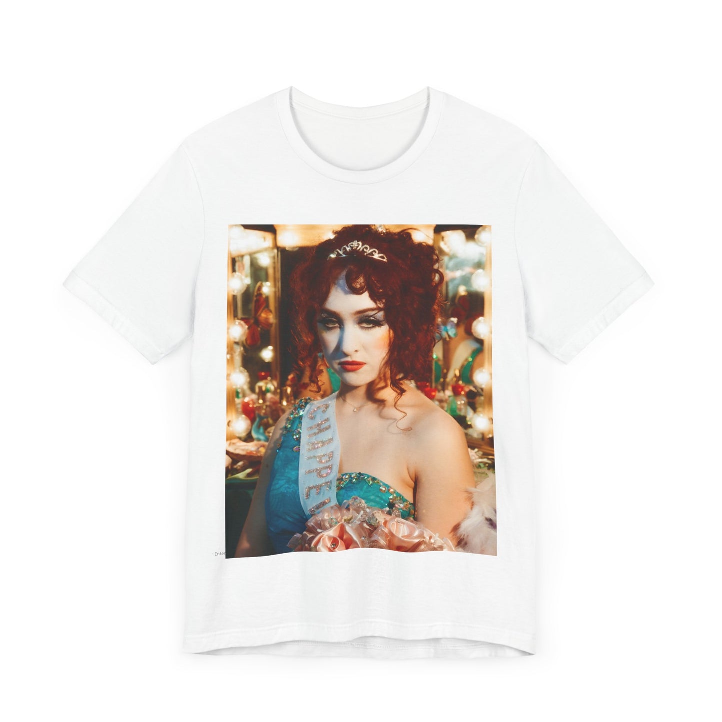 A black graphic t-shirt featuring a graphic of Chappell Roan in a bold stage costume.