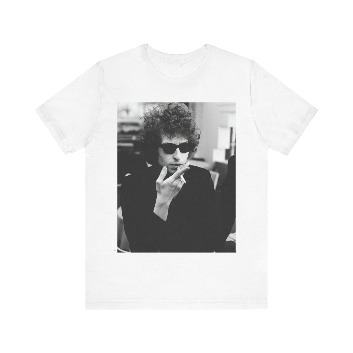 A black graphic t-shirt featuring a retro black and white graphic of Bob Dylan in a rebellious pose.