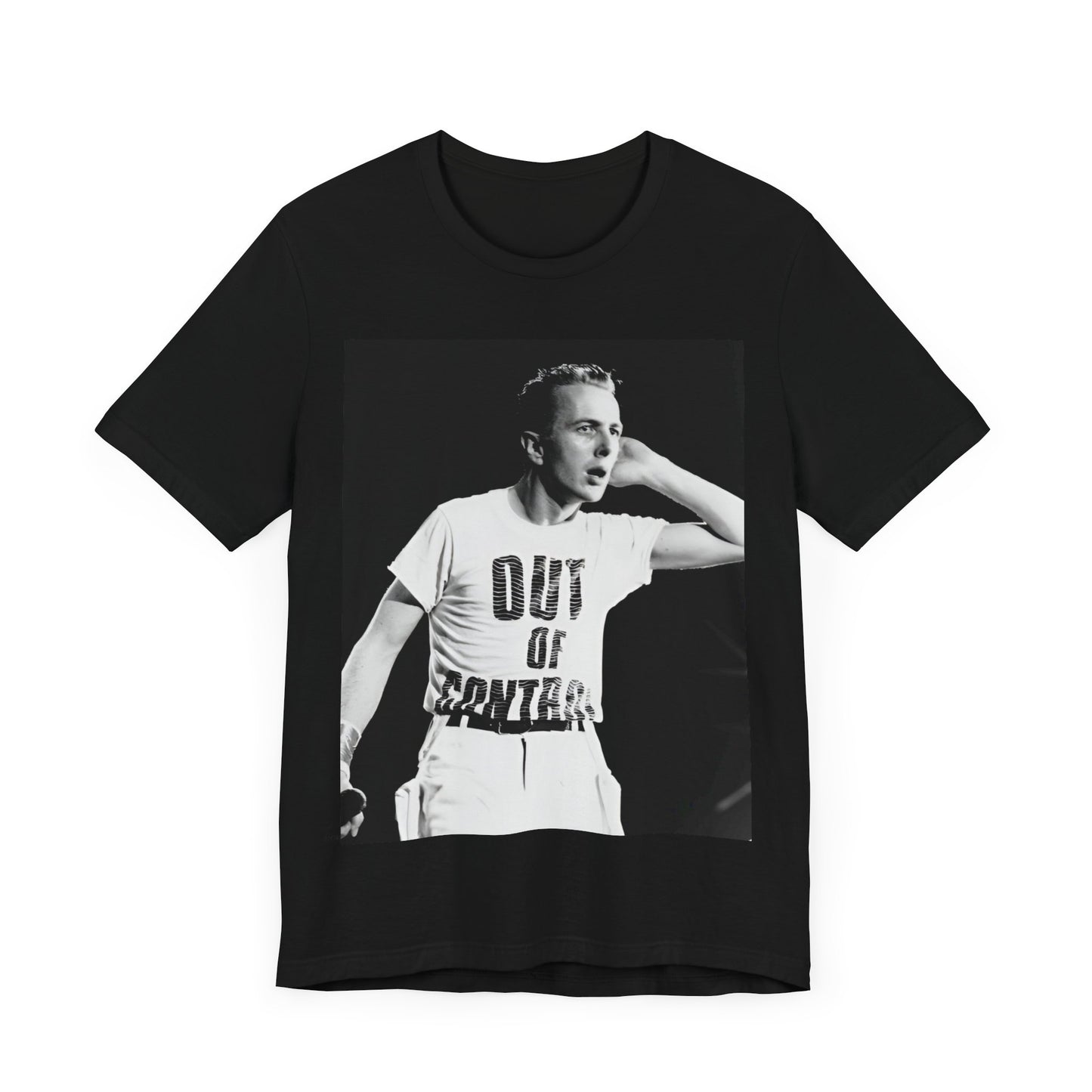 A black graphic t-shirt featuring a black and white graphic or photo portrait of Joe Strummer from The Clash.