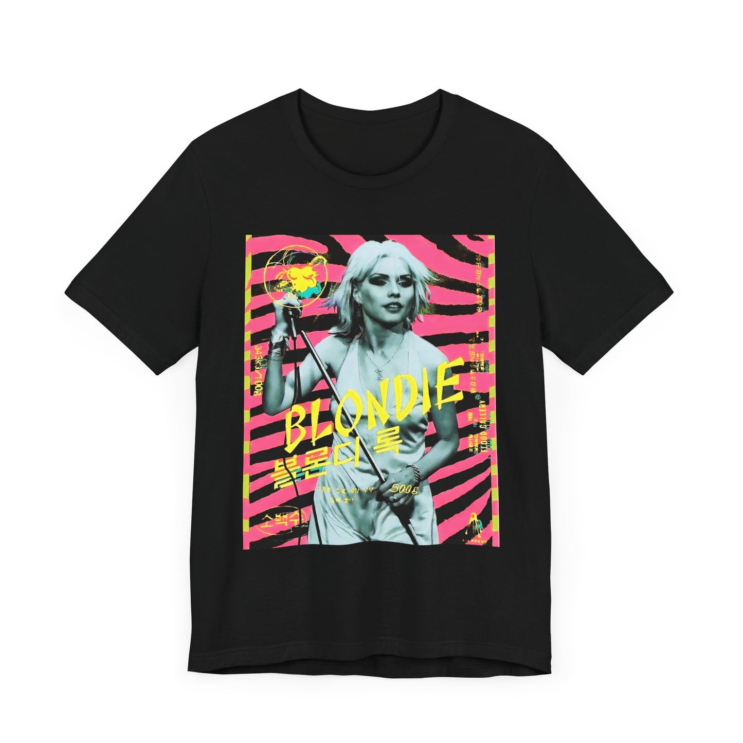 A black graphic t-shirt featuring a retro 70s pop art style graphic of Blondie.