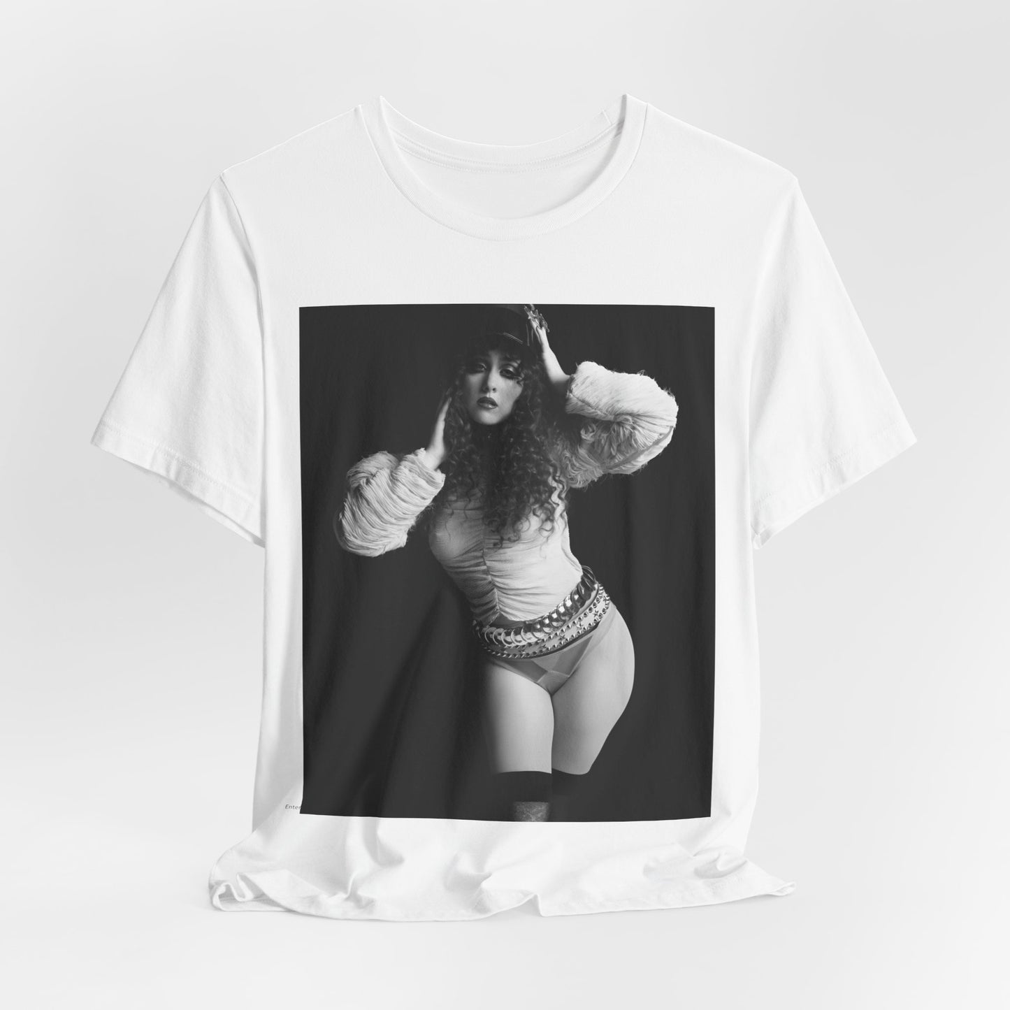 A black graphic t-shirt featuring a black and white, monochrome graphic or portrait of Chappell Roan.