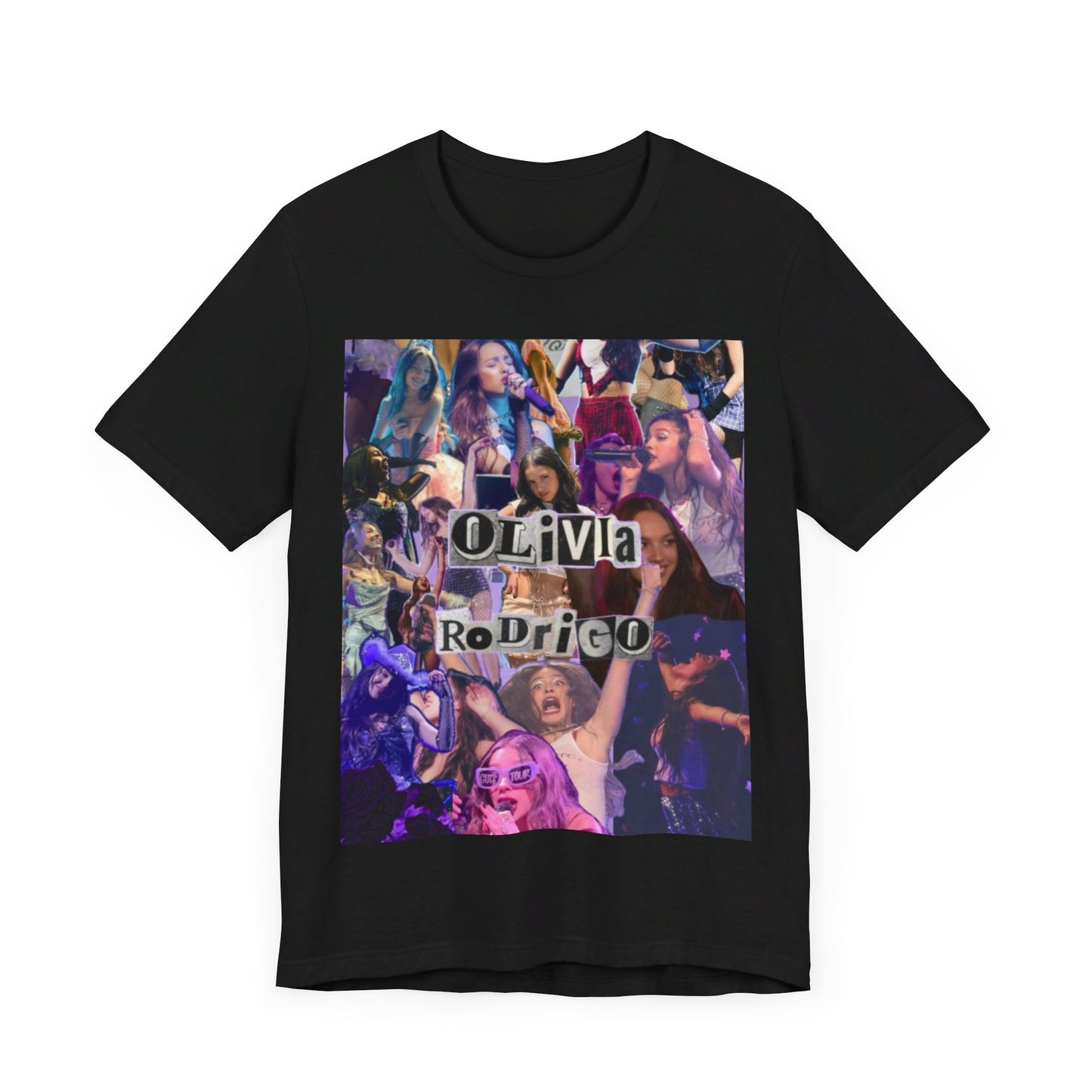 A black graphic t-shirt featuring a retro bootleg graphic of Olivia Rodrigo.