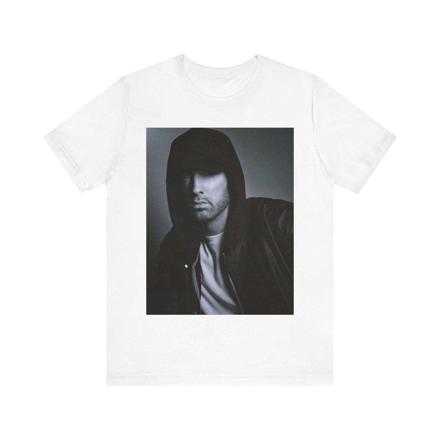A black graphic t-shirt featuring a black and white, monochrome graphic or photo of Eminem.