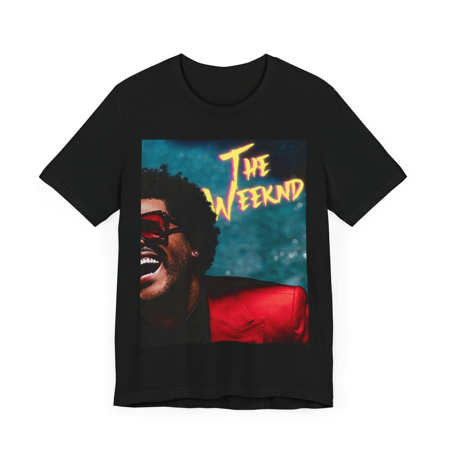 A black graphic t-shirt featuring a graphic of The Weeknd in his iconic red suit.