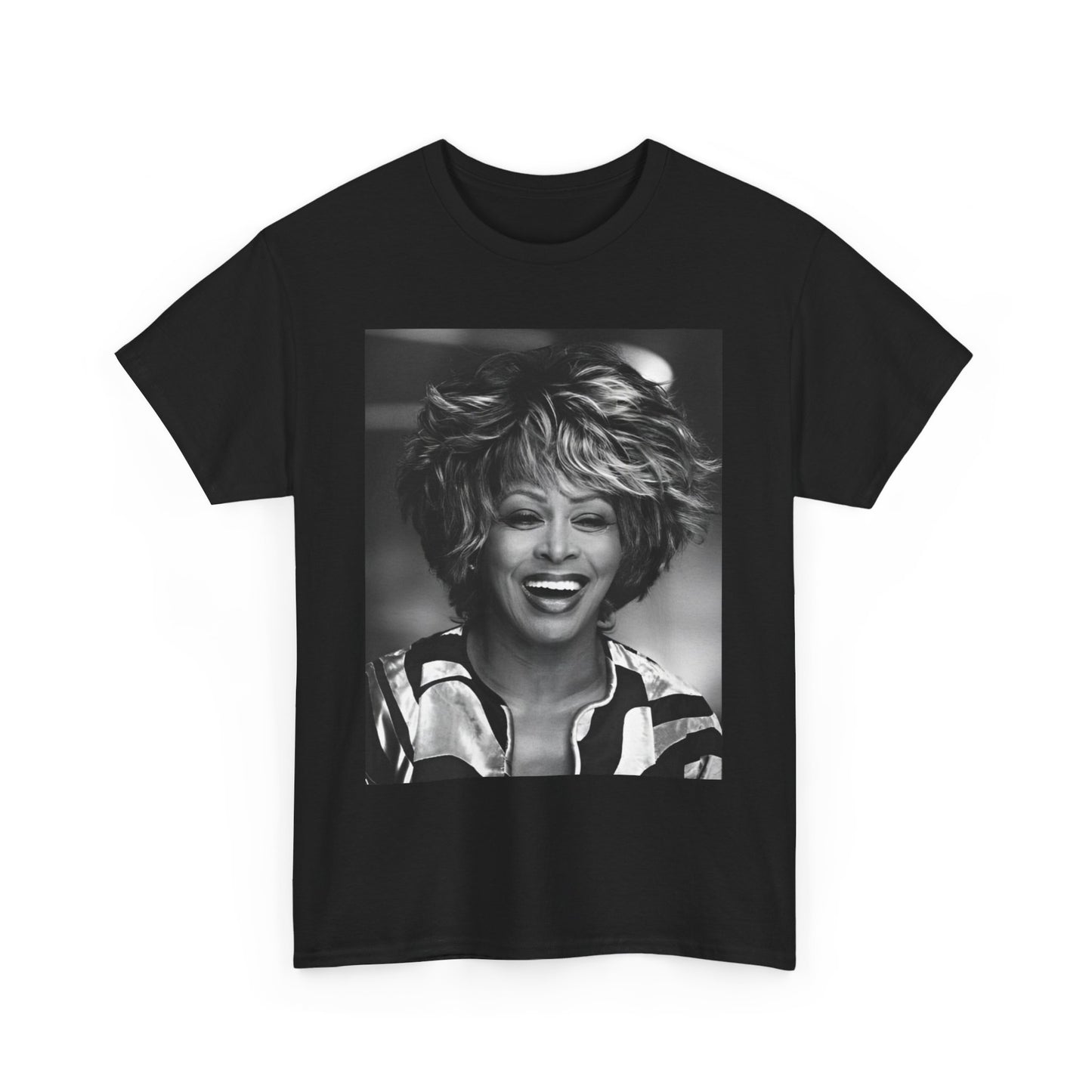 A black graphic t-shirt featuring a classic 80s pop aesthetic graphic of Tina Turner.