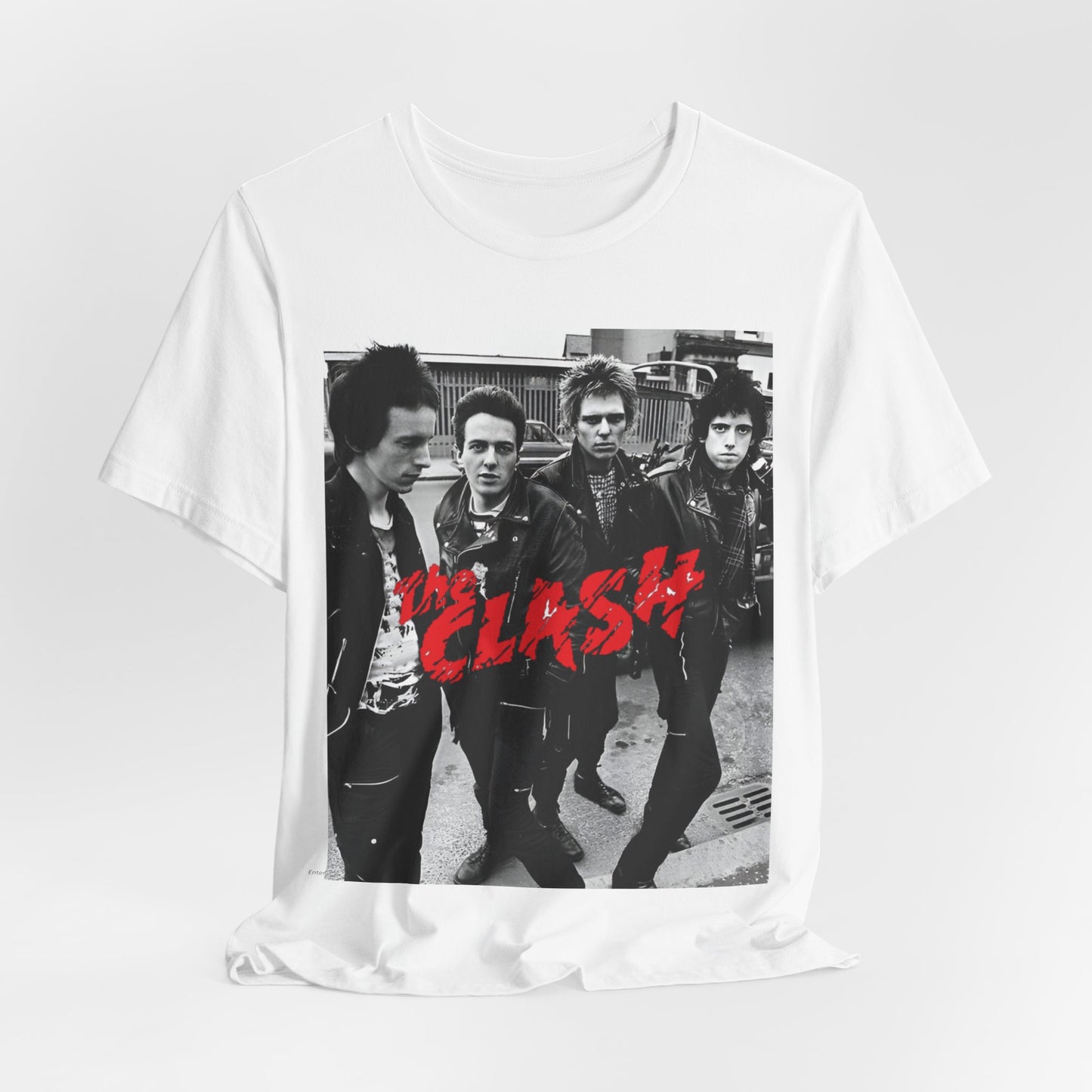 A black graphic t-shirt featuring a graphic of The Clash as punk rock pioneers.