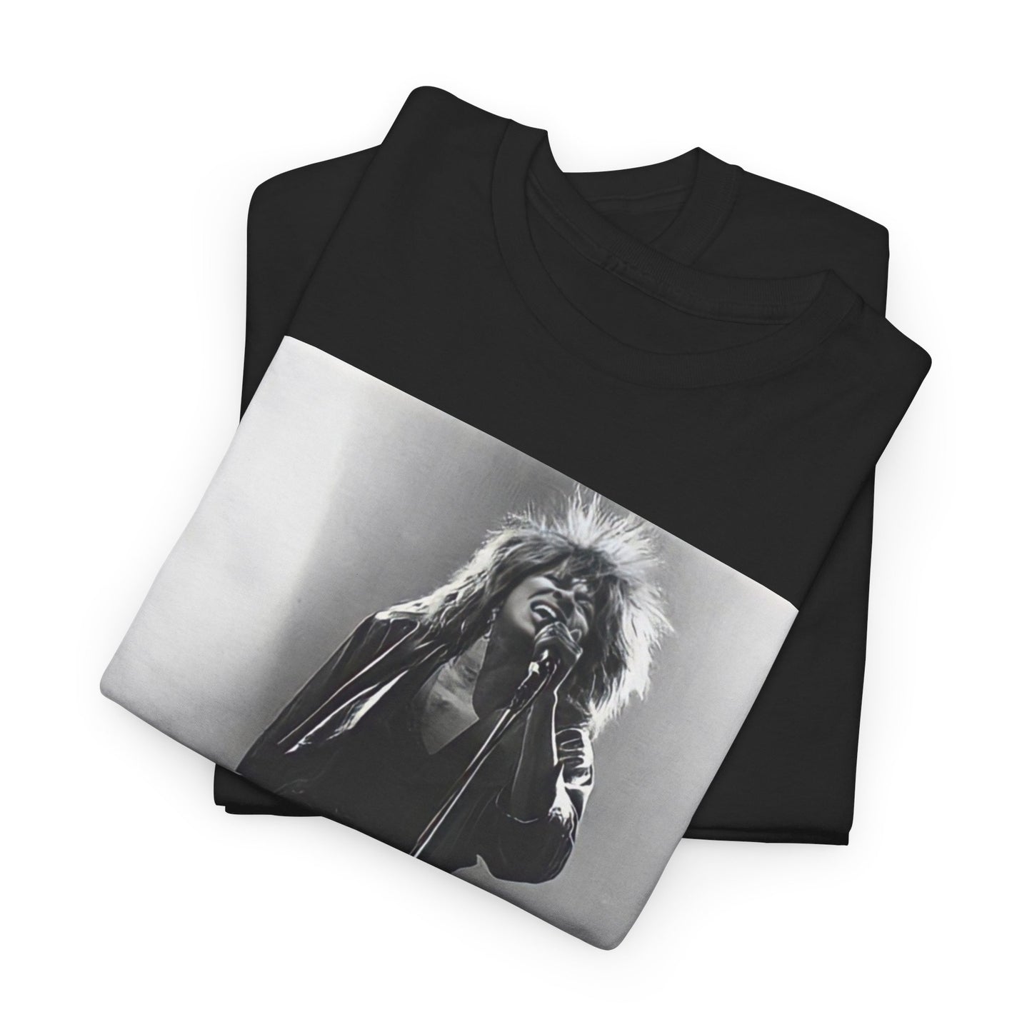 A black graphic t-shirt featuring a graphic of Tina Turner performing "Proud Mary" live.