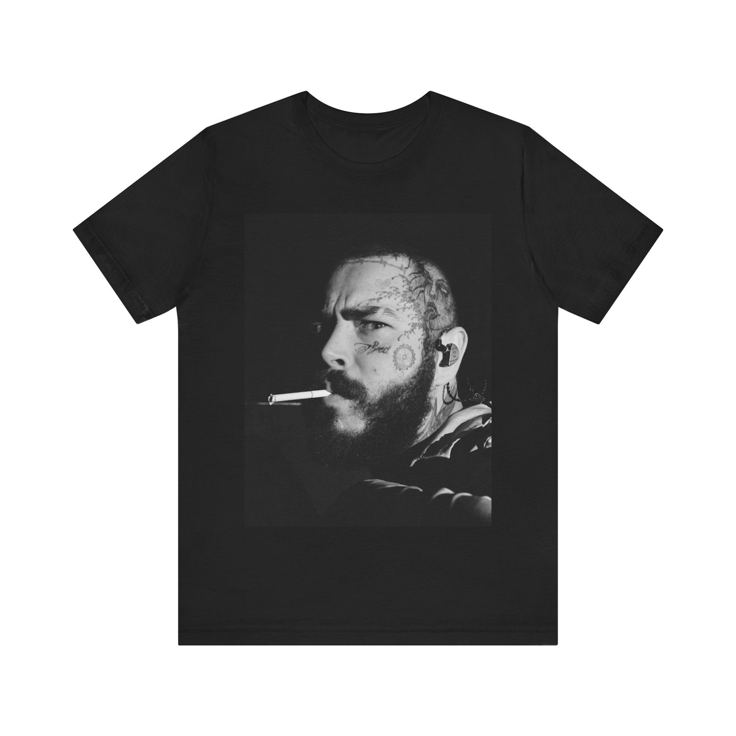 A black graphic t-shirt featuring a black and white portrait graphic of Post Malone.