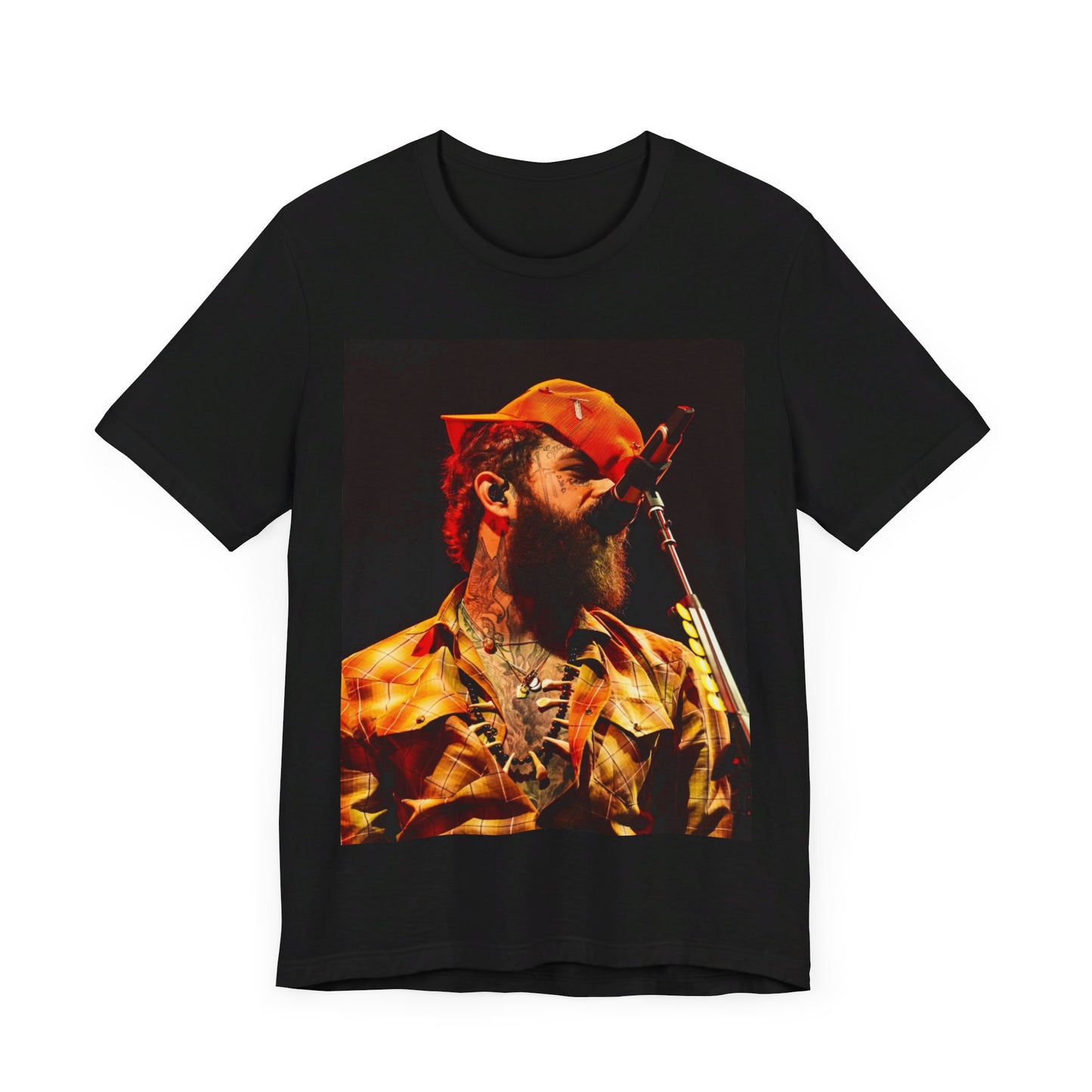 A black graphic t-shirt featuring a graphic or photo of Post Malone performing live on stage.