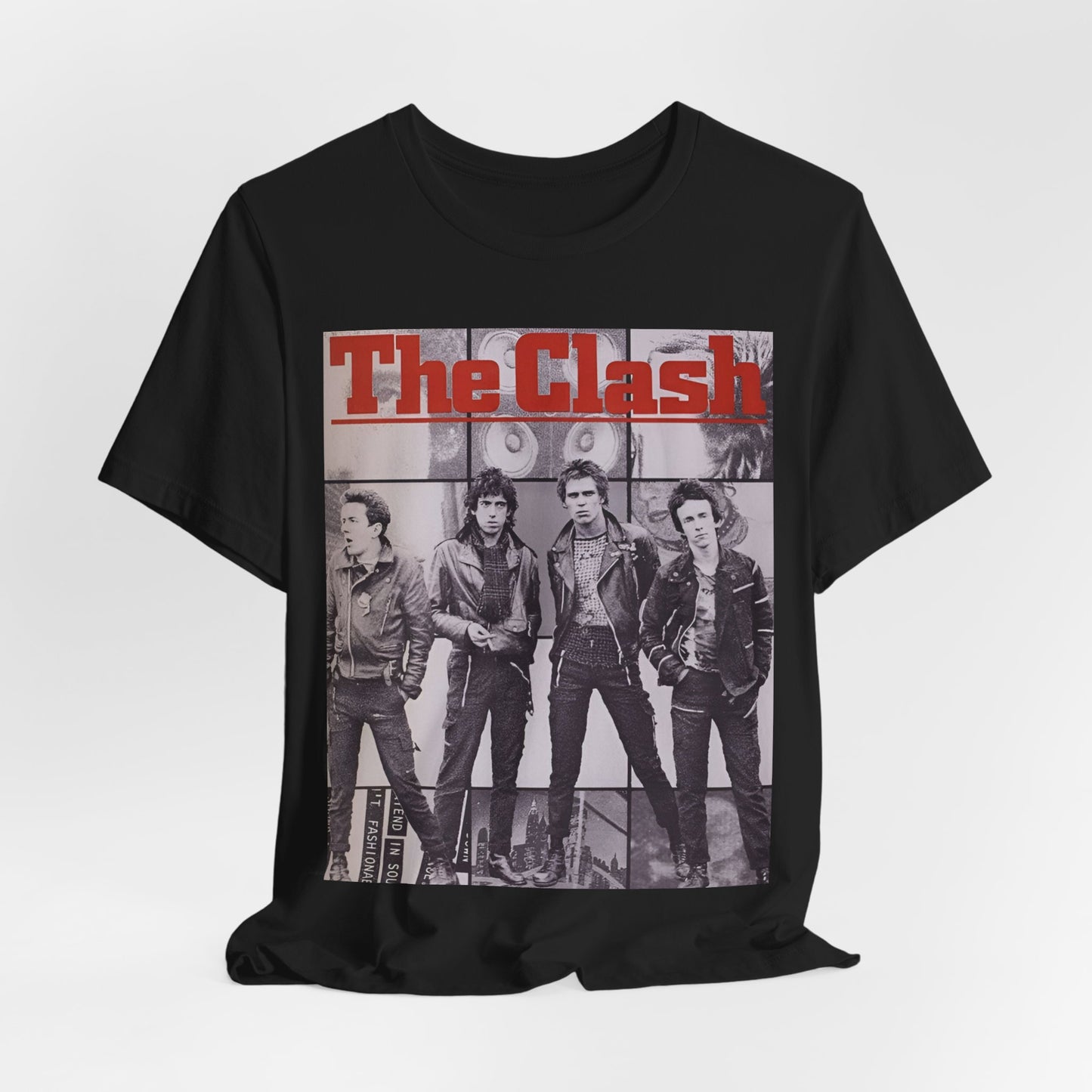 A black graphic t-shirt featuring a 70s retro punk superstar graphic of The Clash.
