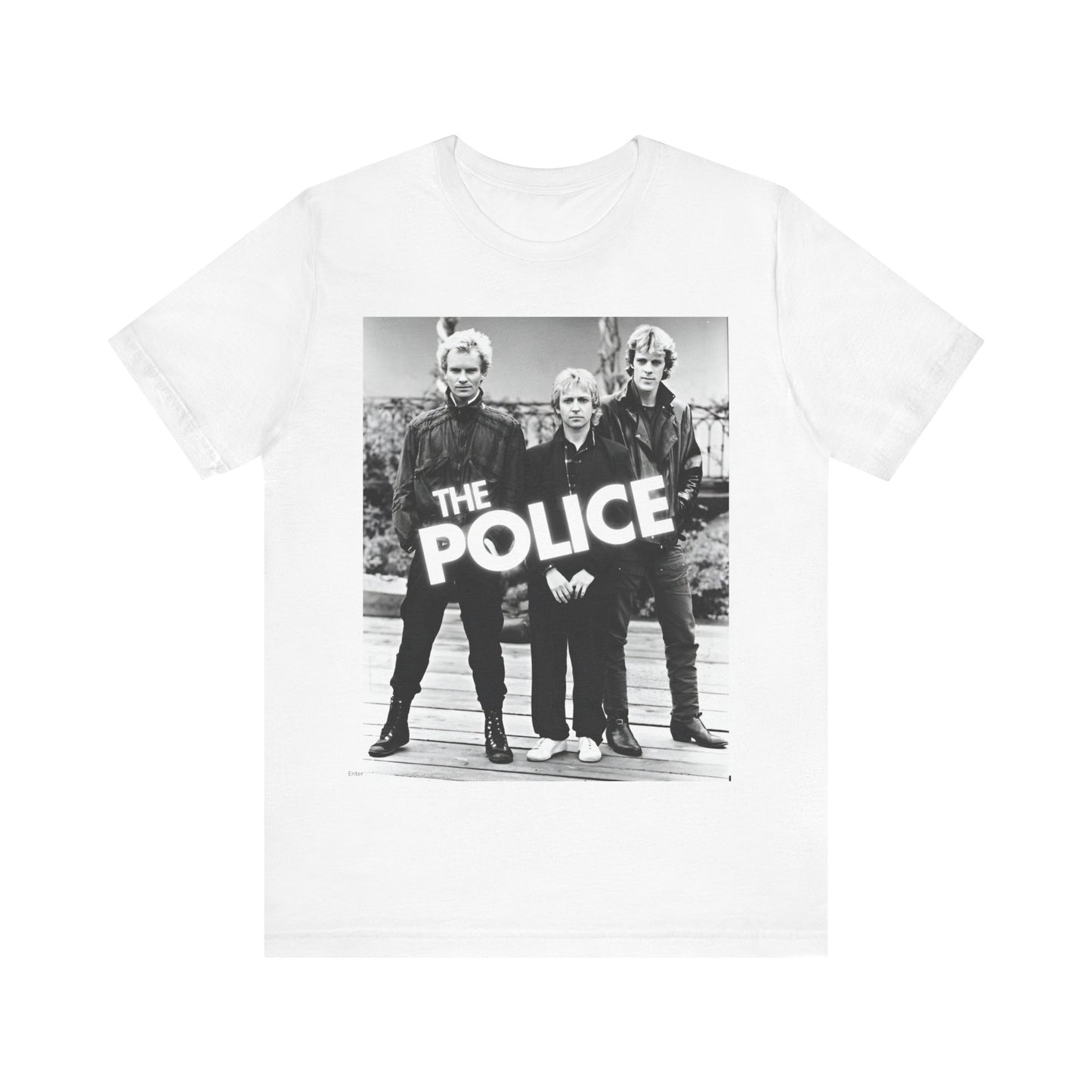 A black graphic t-shirt featuring an 80s pop rock aesthetic black and white graphic of The Police.