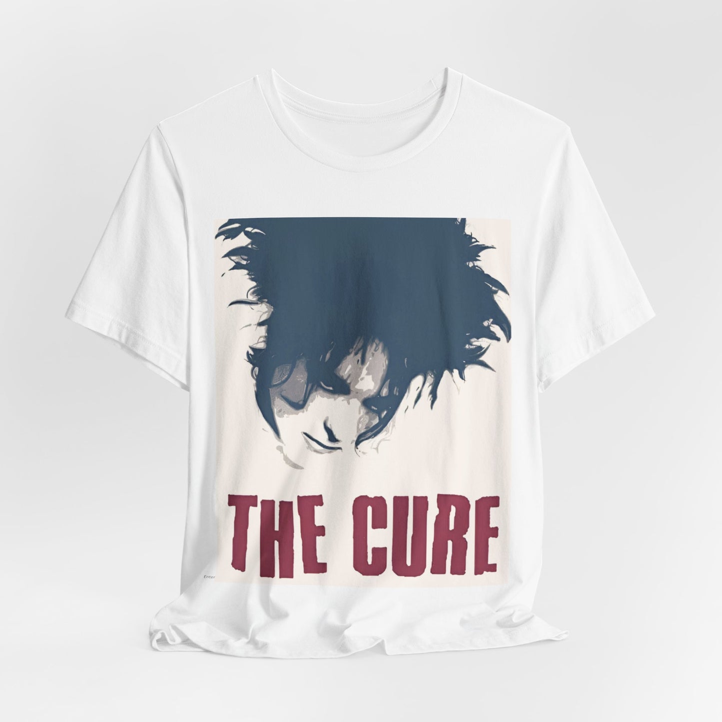 A black graphic t-shirt featuring a graphic related to The Cure's 'Boys Don't Cry' song or era.