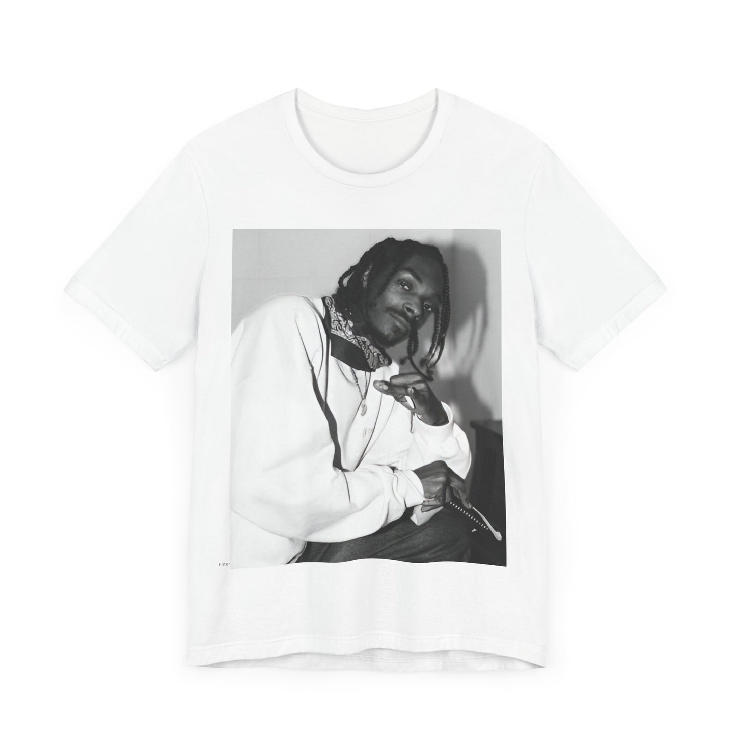 A black graphic t-shirt featuring a black and white hip hop graphic or photo of Snoop Dogg.