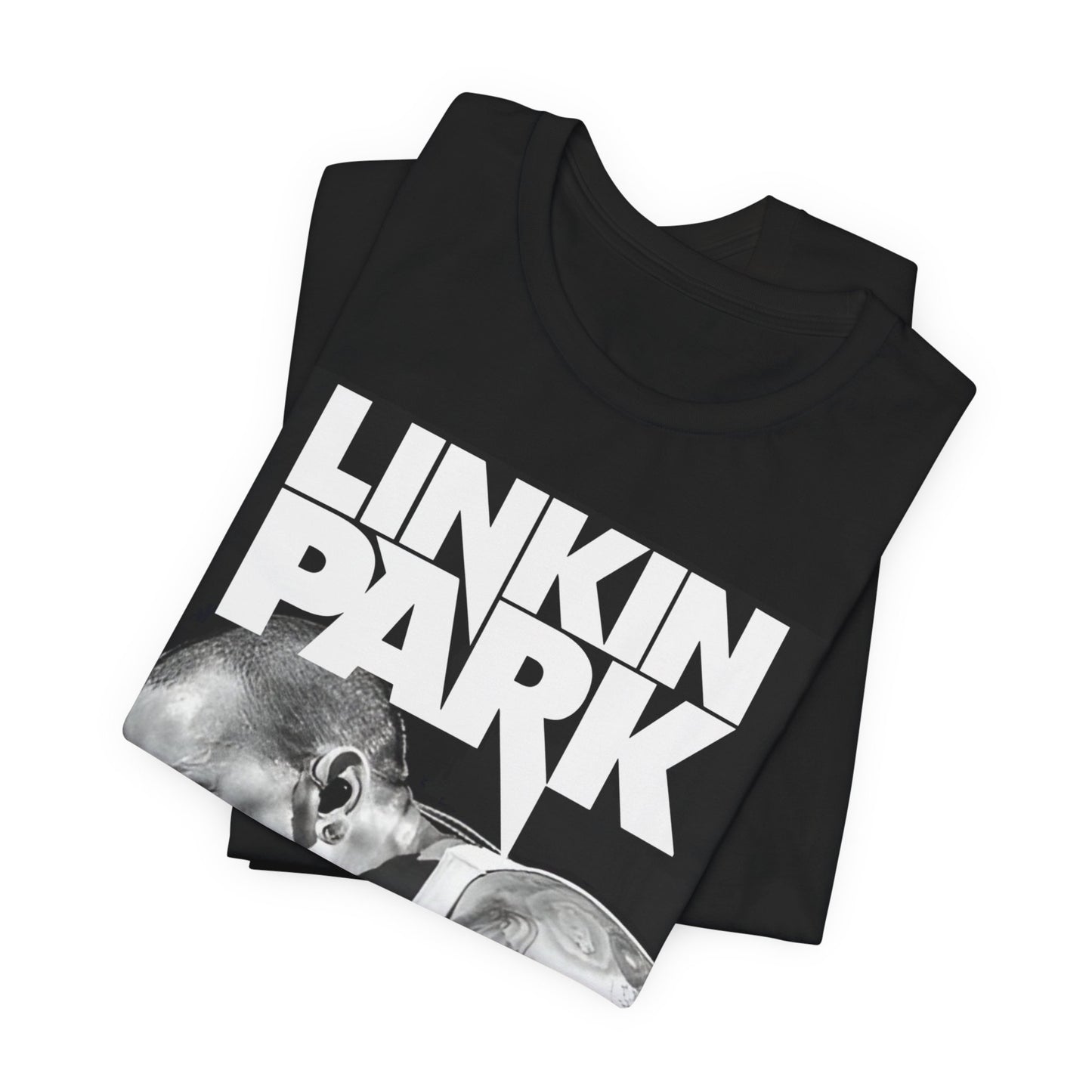 A black graphic t-shirt featuring a black and white graphic or photo portrait of Chester Bennington from Linkin Park.