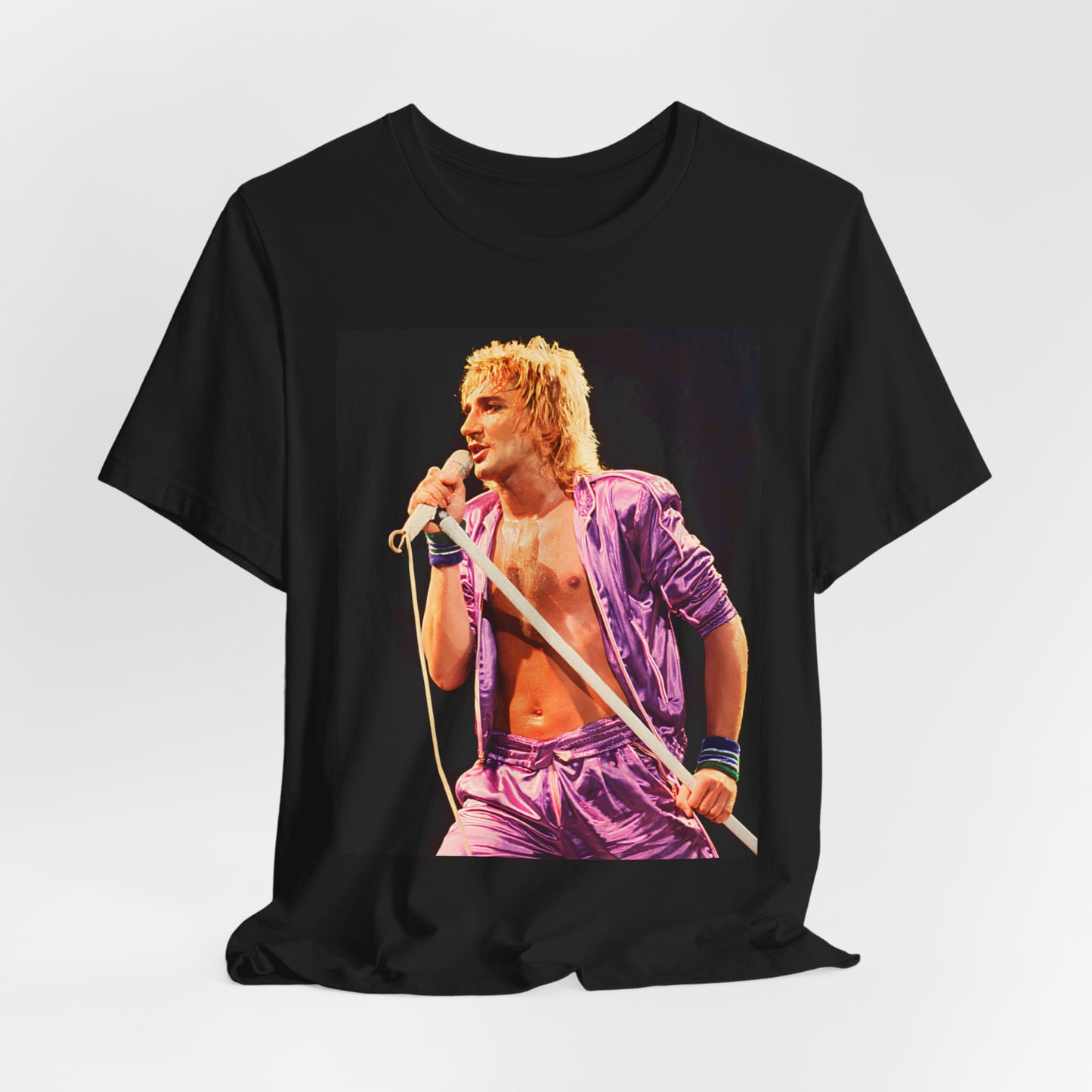 A black graphic t-shirt featuring a retro graphic related to Rod Stewart's 'Do Ya Think I'm Sexy' song or era.