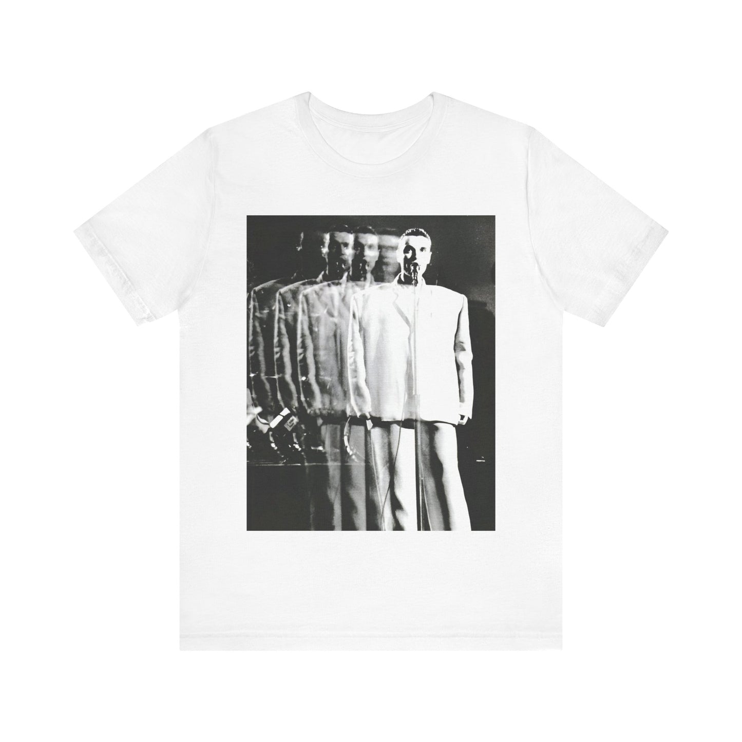 A black graphic t-shirt featuring a graphic of David Byrne from Talking Heads in his iconic 'big suit'.