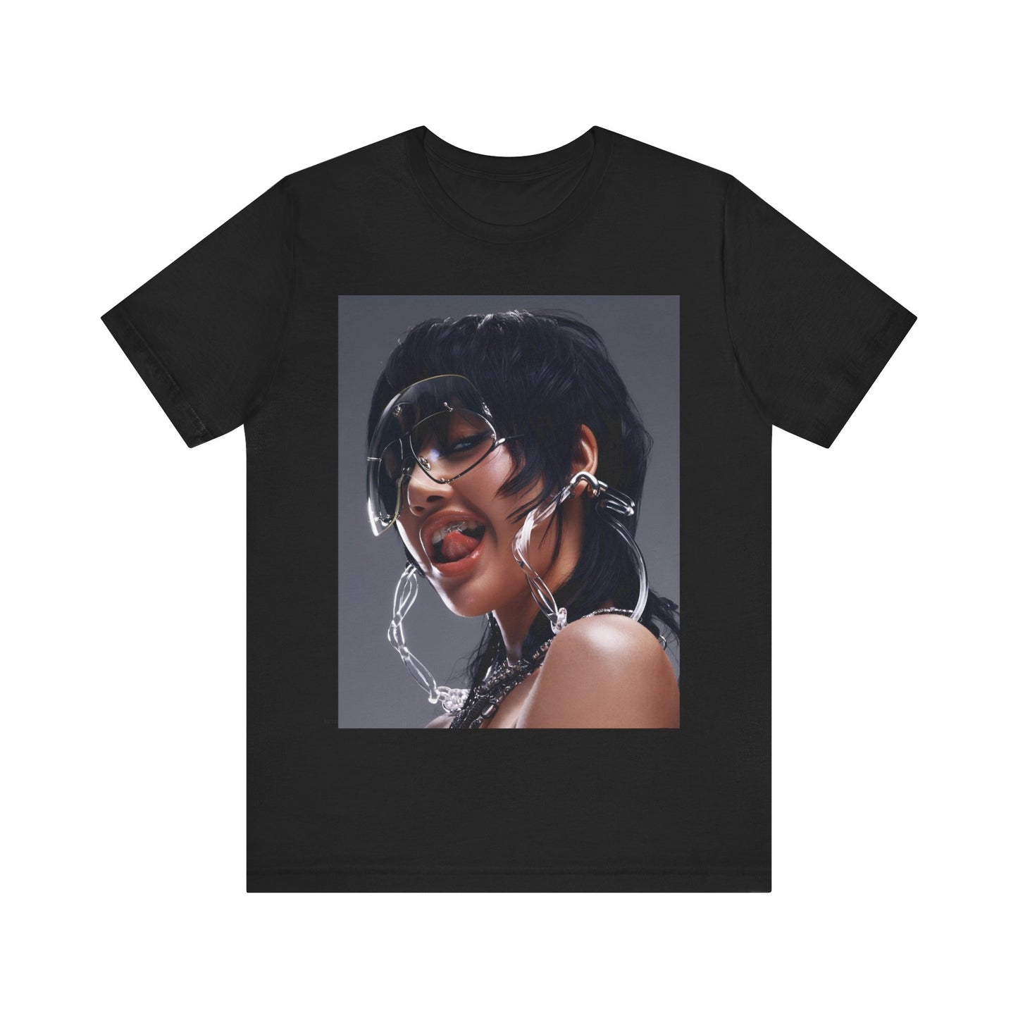 A black graphic t-shirt featuring a vintage K-Pop icon graphic of Lisa.