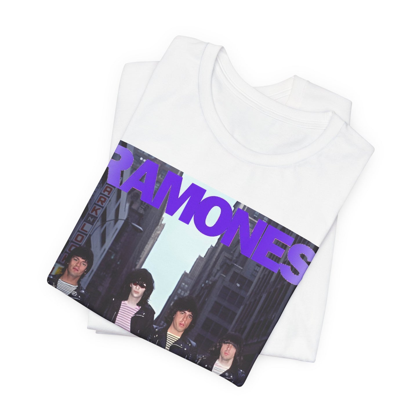 A black graphic t-shirt featuring a graphic of the Ramones emphasizing a rebellious punk spirit.
