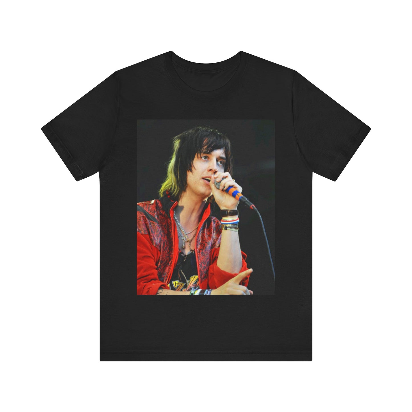 A black graphic t-shirt featuring a vintage indie rock graphic of The Strokes.