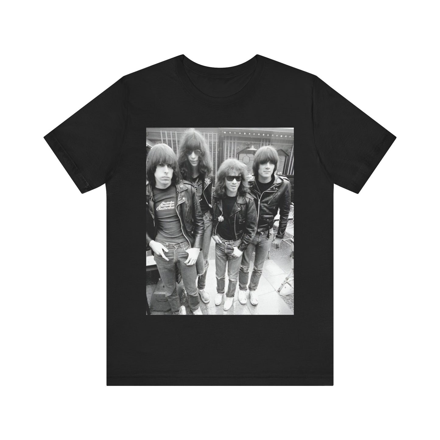 A black graphic t-shirt featuring a retro graphic related to Ramones' 'I Wanna Be Sedated' song or era.