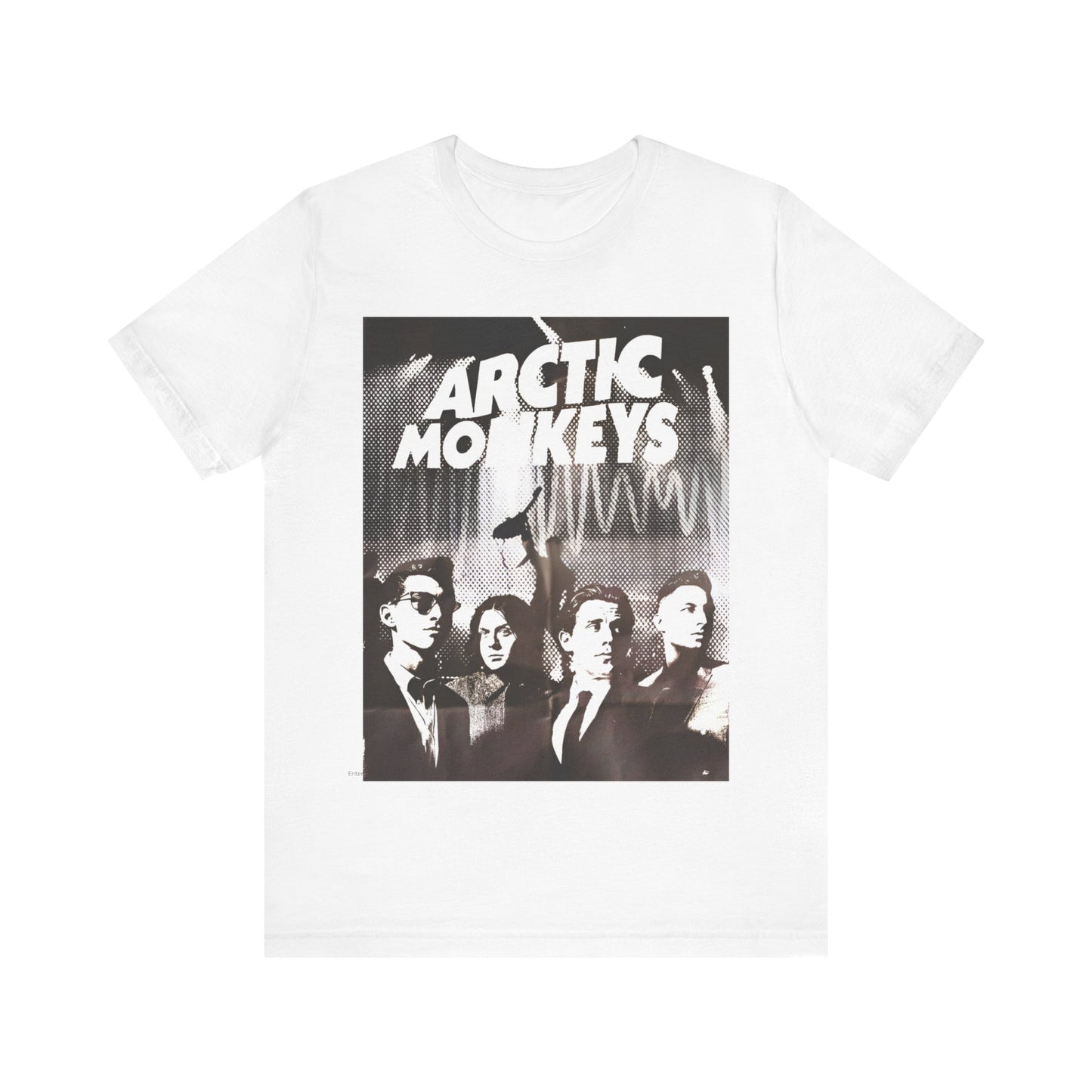 A black graphic t-shirt featuring a retro-style logo for the band Arctic Monkeys.
