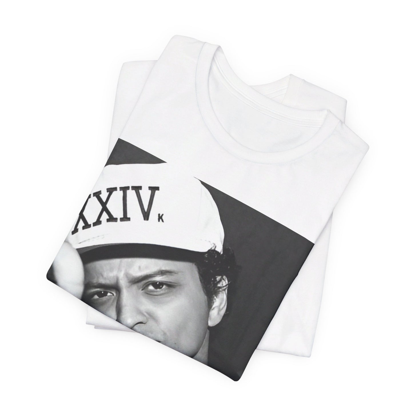 A black graphic t-shirt featuring a black and white photo of Bruno Mars, likely from his '24K Magic' (XXIV) era.