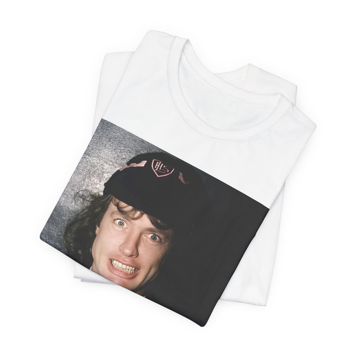 A black vintage-style graphic t-shirt featuring a stylized image of AC/DC's Angus Young playing guitar, with a distressed or retro aesthetic.